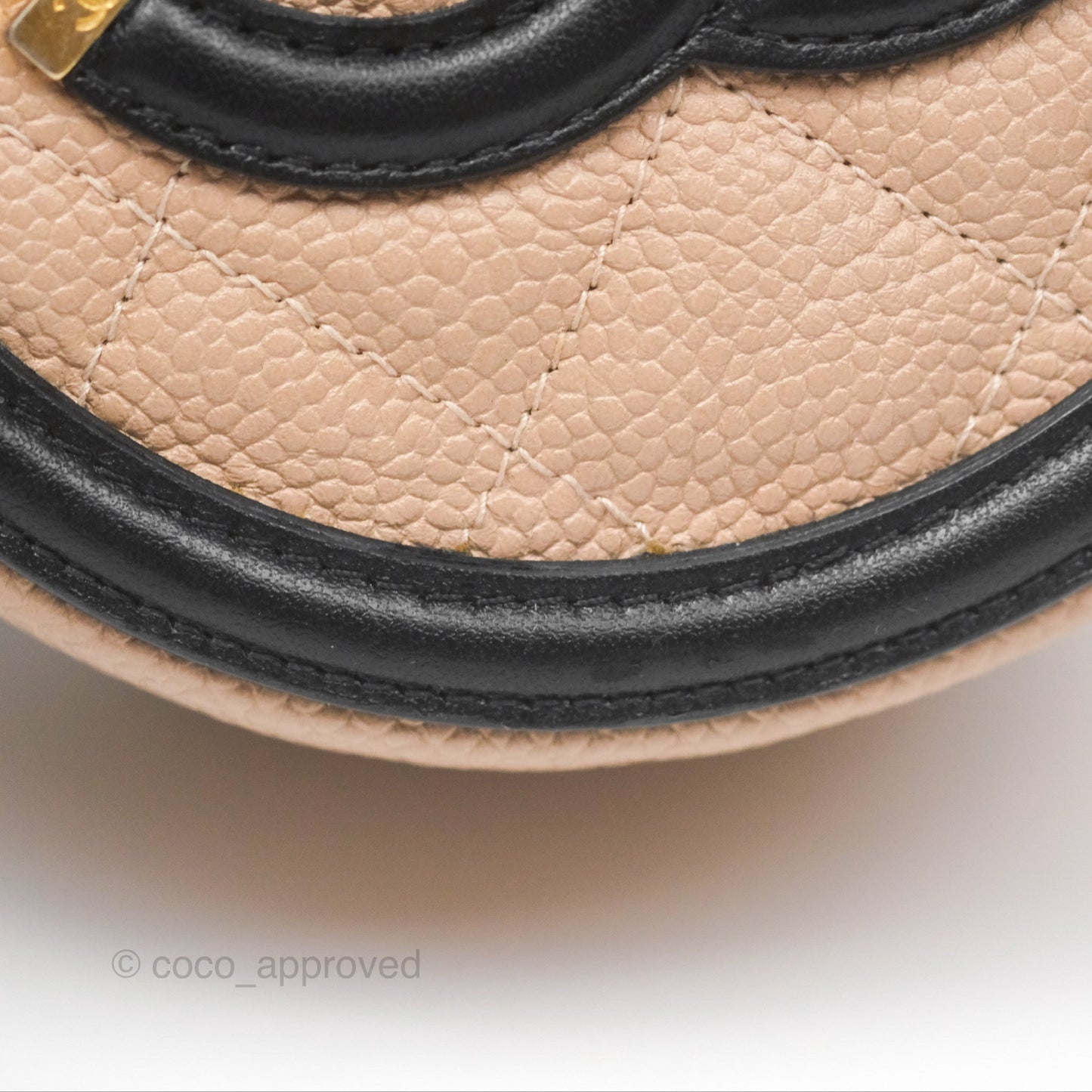 Chanel Quilted Round Filigree Clutch With Chain Beige Black Caviar Gold Hardware