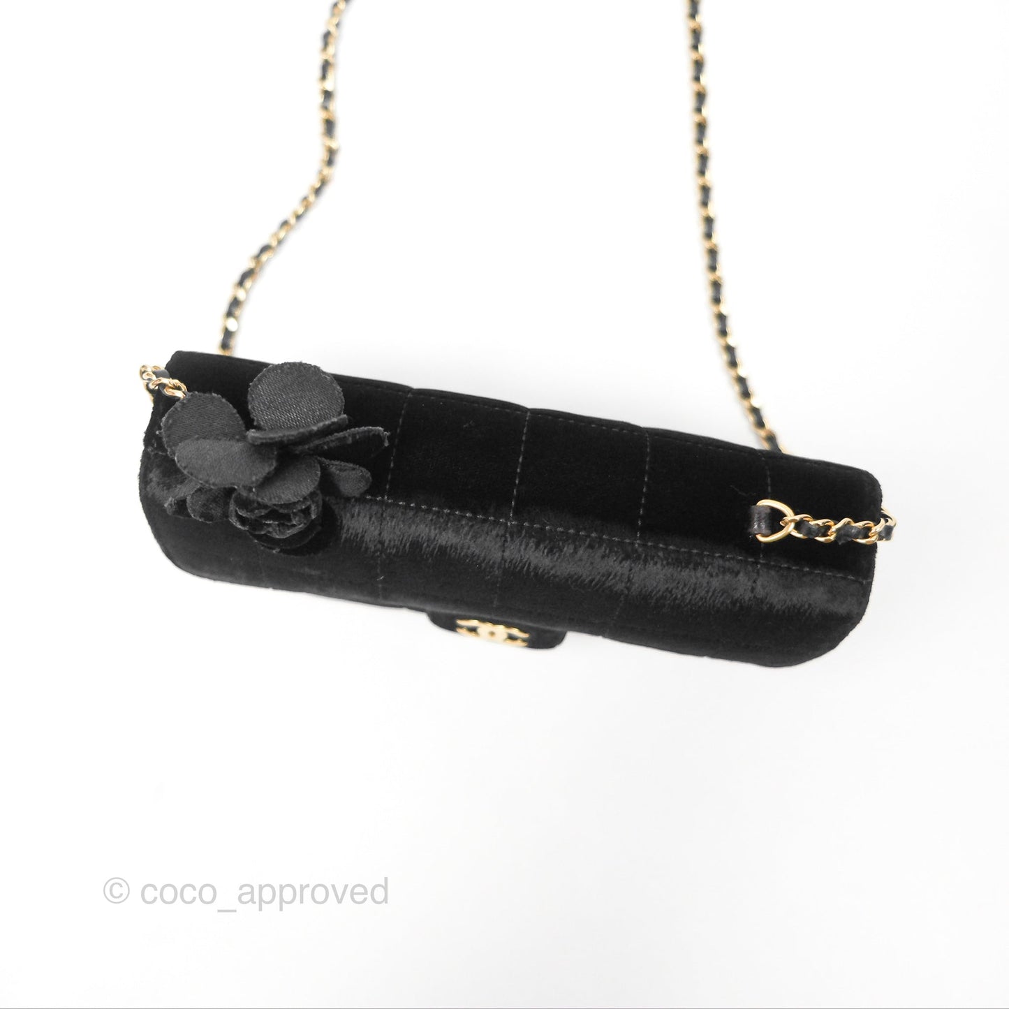 Chanel Vintage Mini Chocolate Bar Camellia Flap Black Velvet Gold Hardware