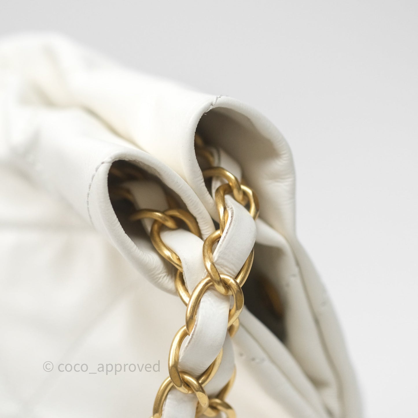 Chanel 22 Small White Aged Calfskin Black Logo Aged Gold Hardware