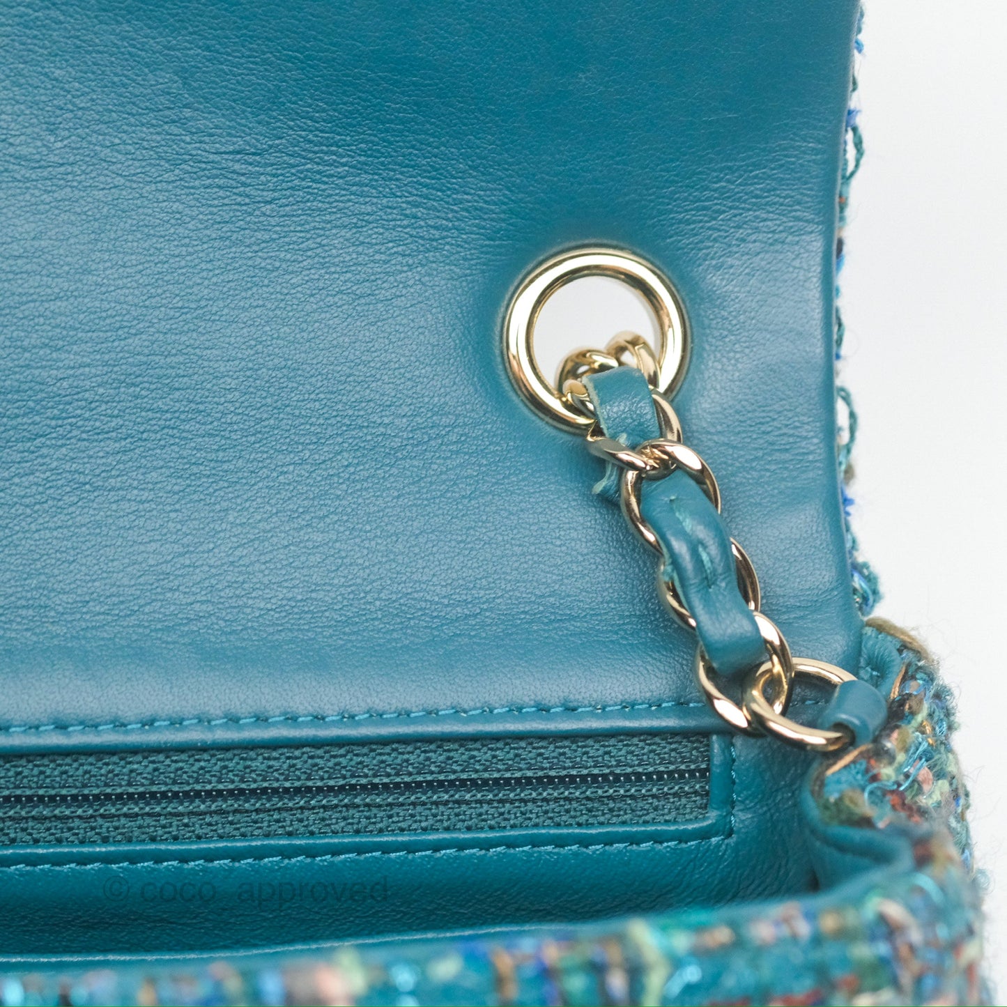 Chanel Mini Rectangular Flap Teal Tweed Gold Hardware