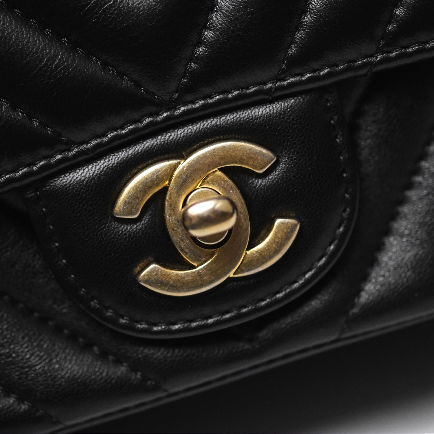 Chanel Mini Square Flap Chevron Black Lambskin Aged Gold Hardware