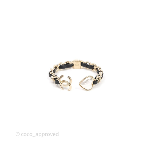 Chanel CC Black Leather Heart Bracelet Gold Tone 22C