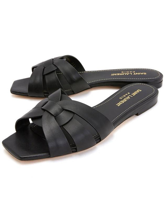 Luxury Saint Laurent Tribute Smooth Leather Flat Mules Black