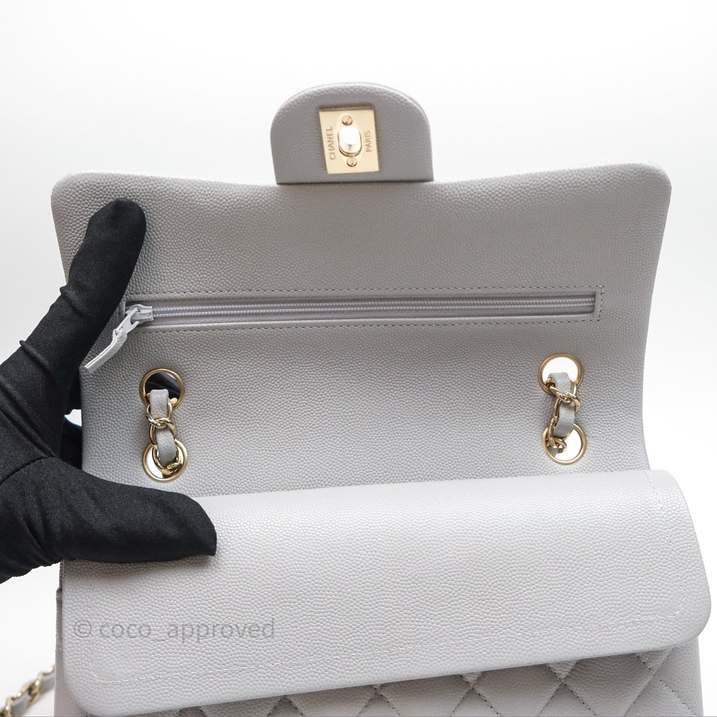 Chanel Small Classic Flap Quilted Grey Caviar Gold Hardware 21A
