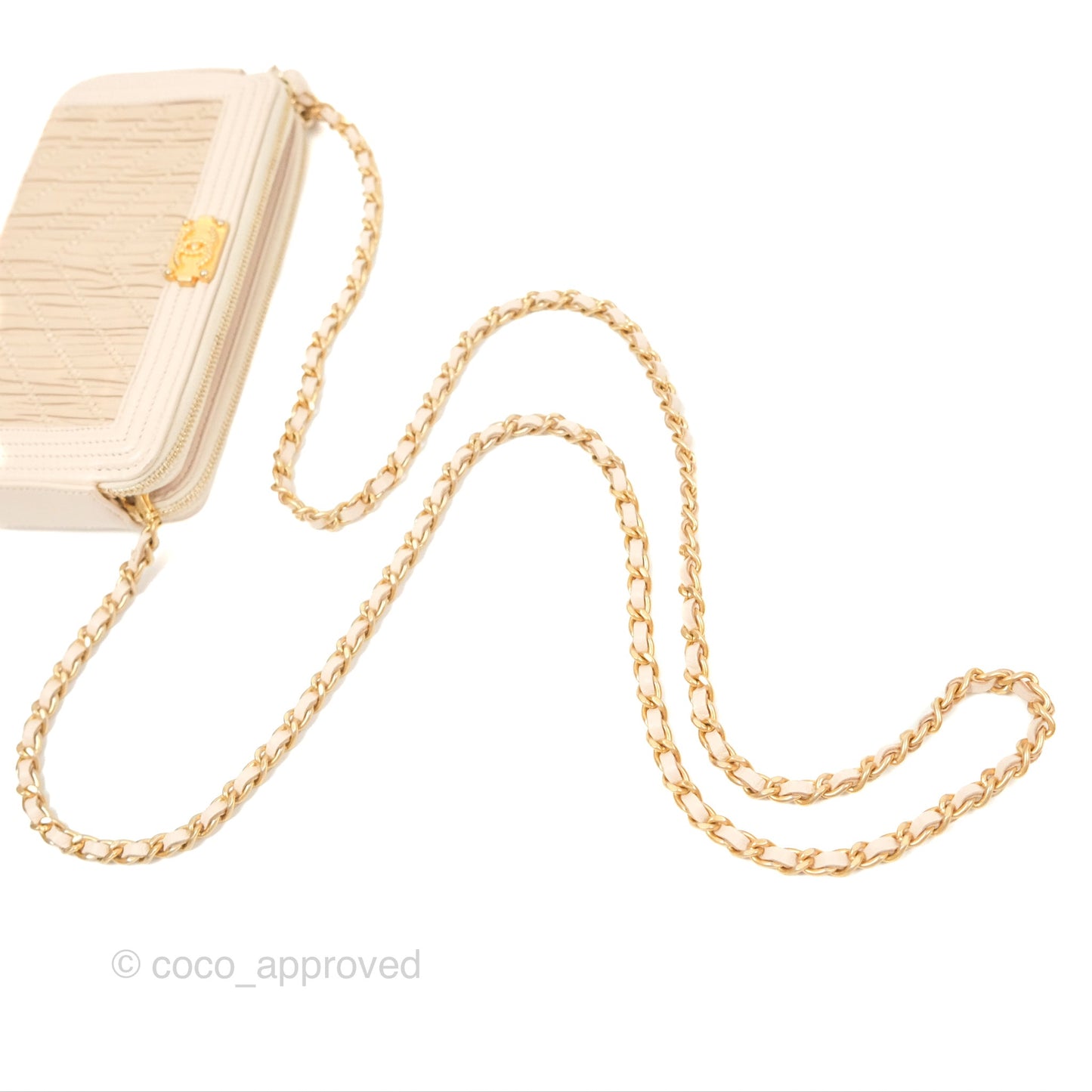 Chanel Boy Double Zip Clutch On Chain Chevron Pale Beige Aged Gold Hardware