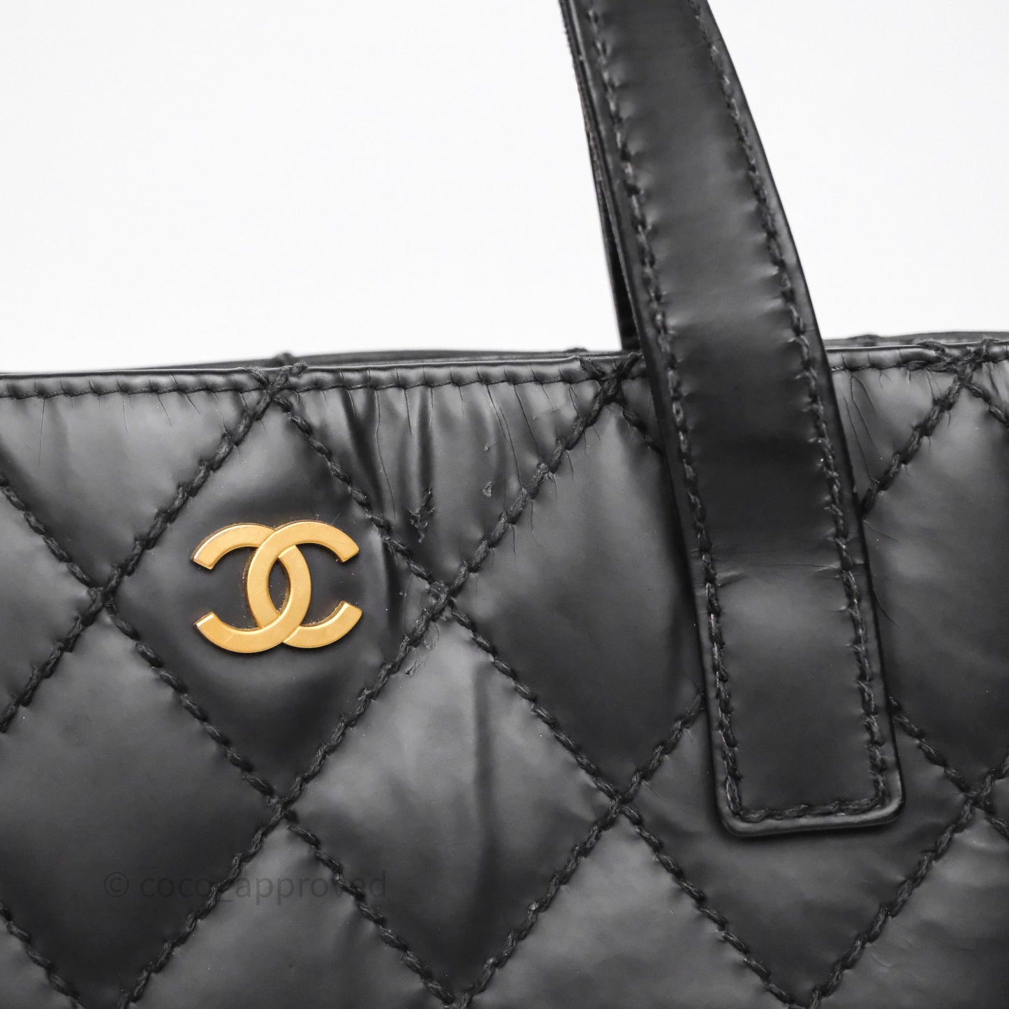Chanel Vintage Quilted CC Tote Bag Matte Black Calfskin Gold Hardware