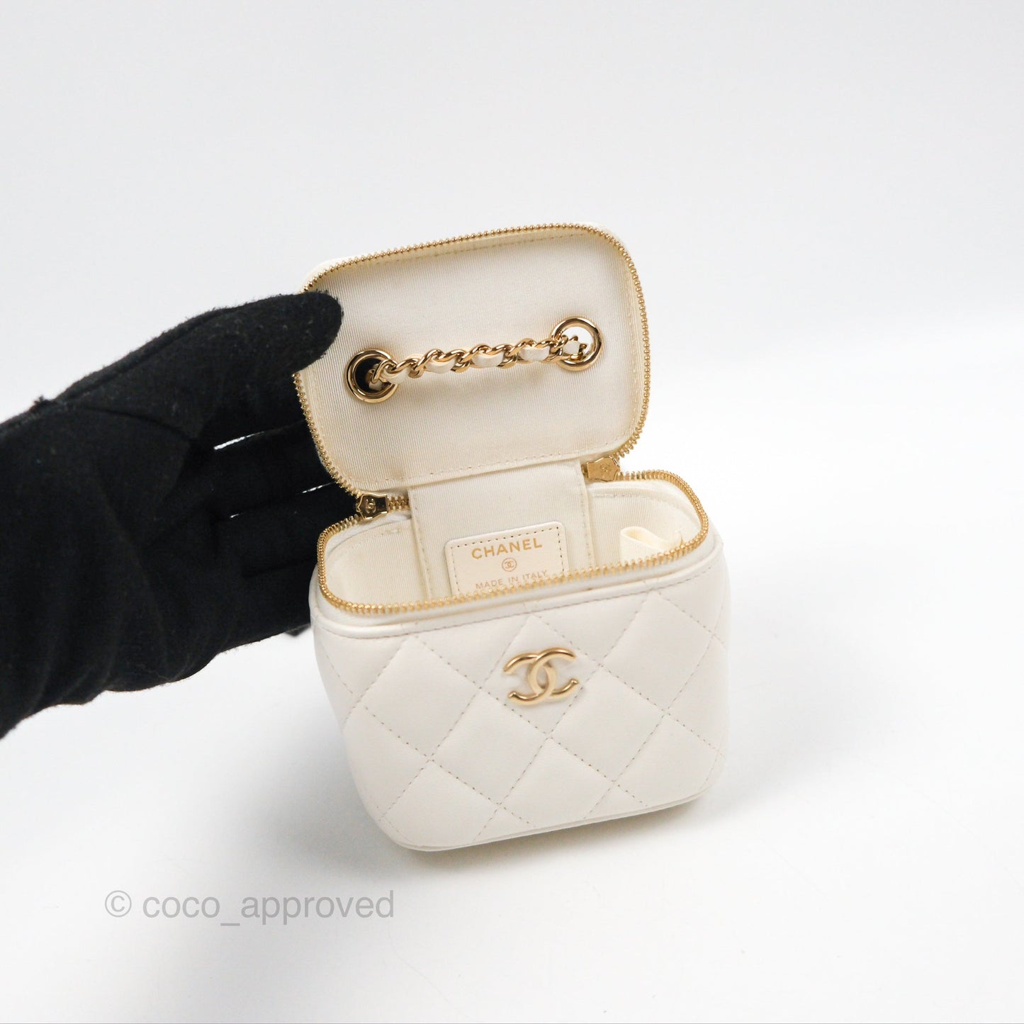Chanel Camellia White Quilted Lambskin Mini Vanity with Chain Gold Hardware
