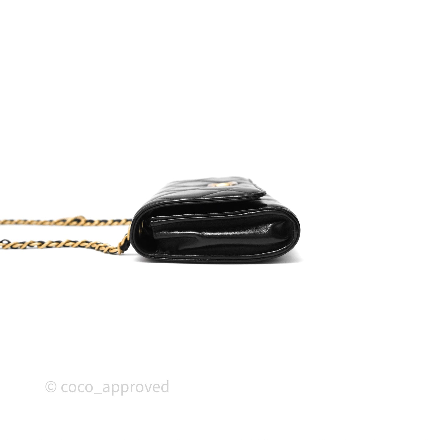 Chanel Quilted Medallion Wallet on Chain WOC Black Glossy Lambskin Gold Hardware 22K