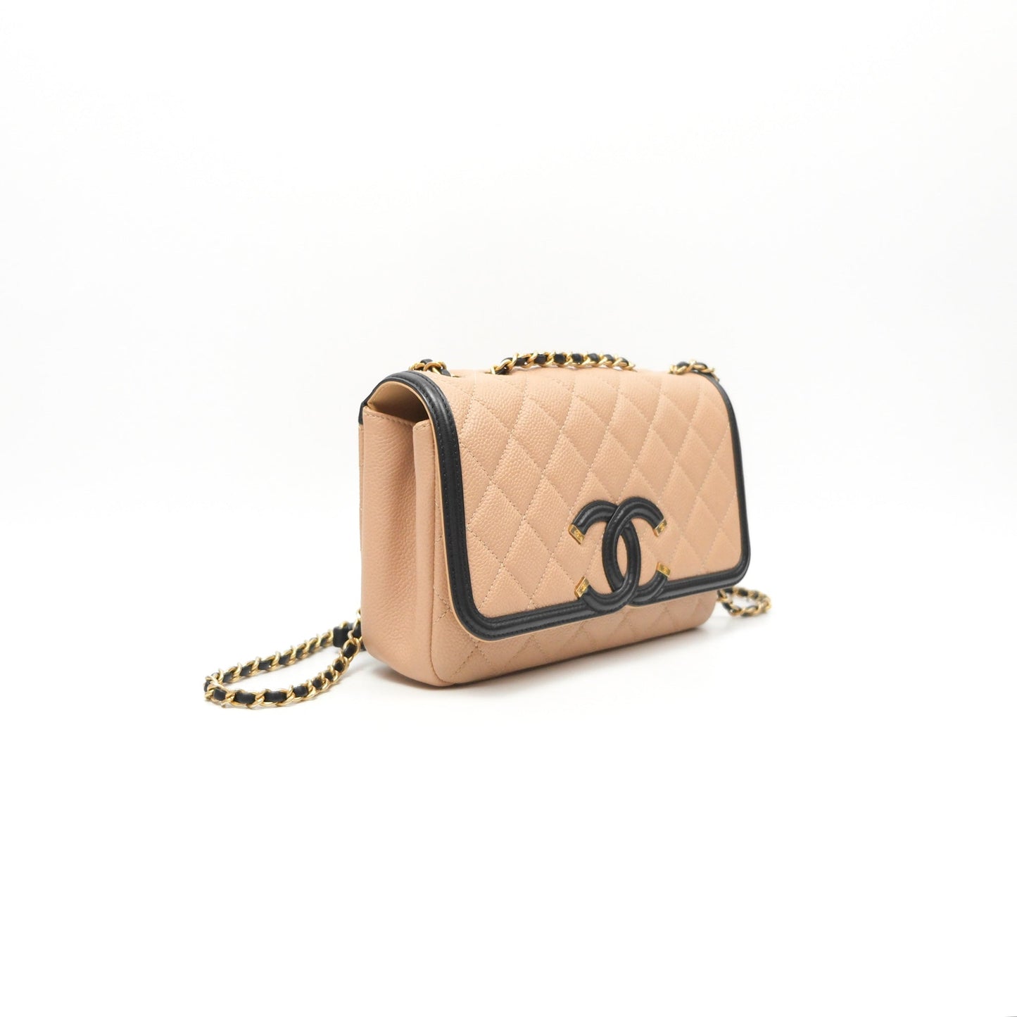 Chanel Quilted Small CC Filigree Flap Beige Black Caviar