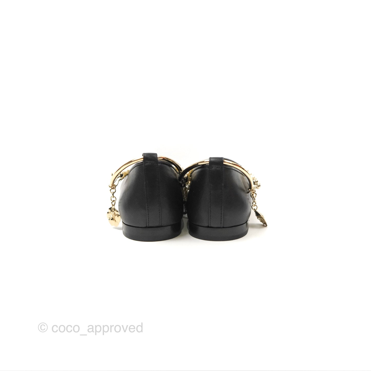 Chanel Ankle Double Pearl Pendant Flat Ballerinas Black Lambskin Size 37