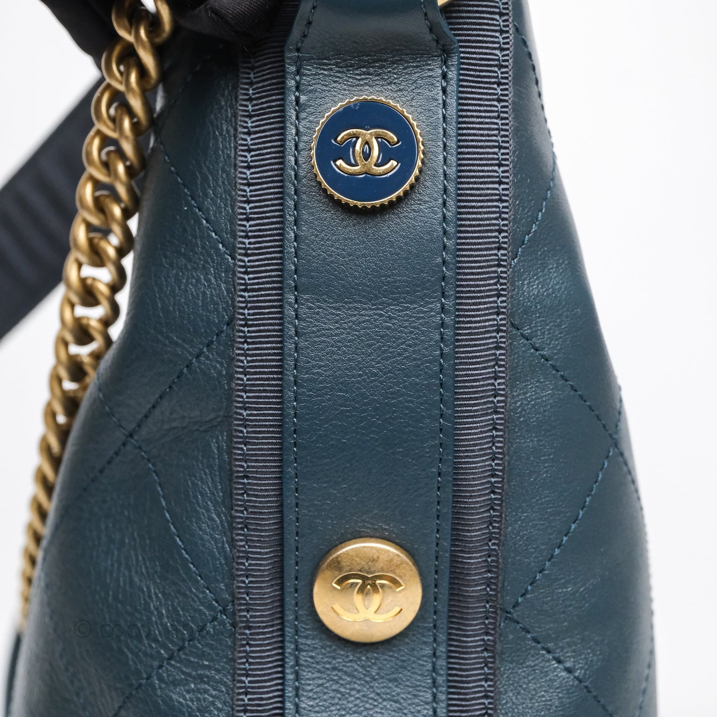 Chanel Button Up Hobo Bag Quilted Teal Calfskin Aged Gold Hardware