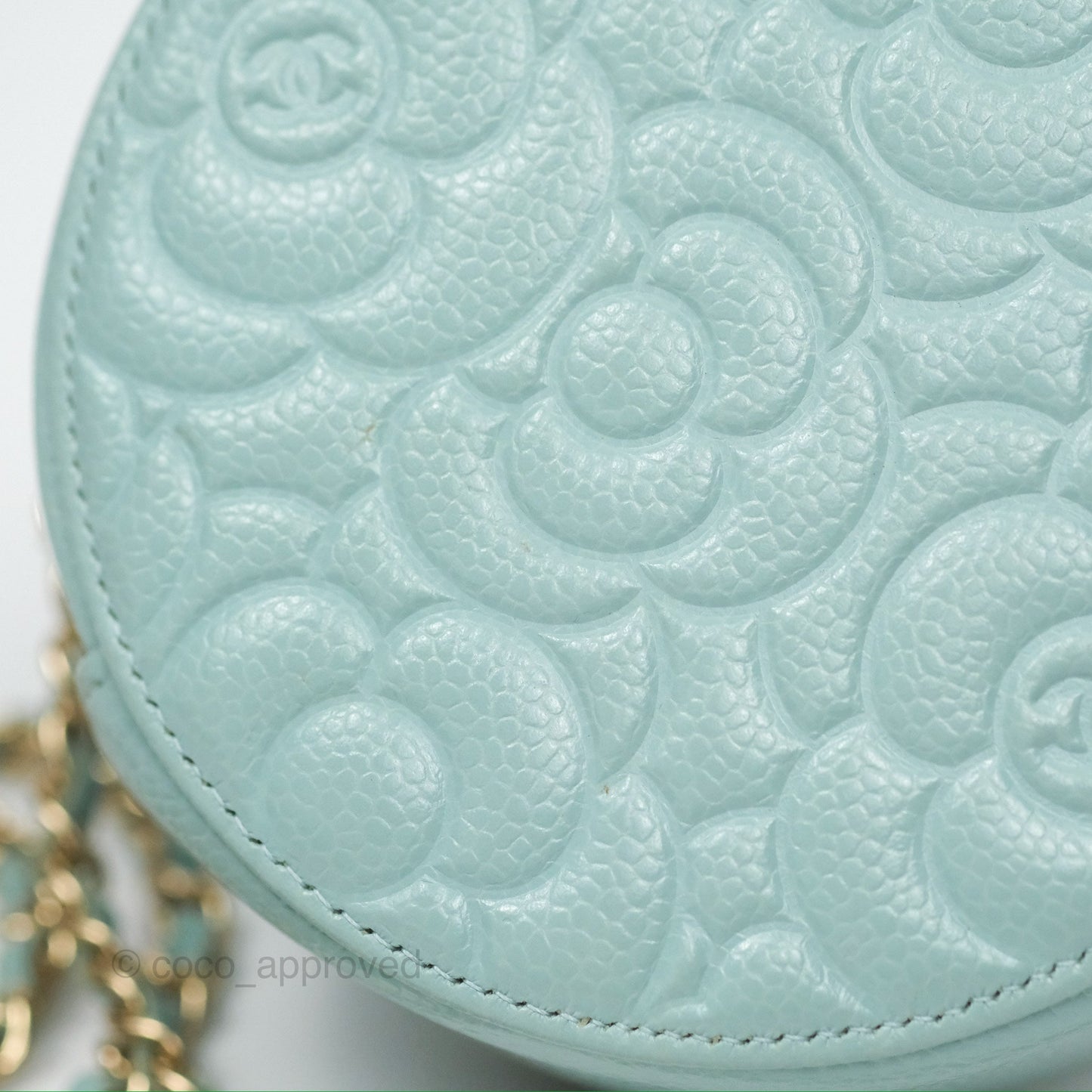 Chanel Camellia Embossed Round Clutch With Chain Light Tiffany Blue Caviar