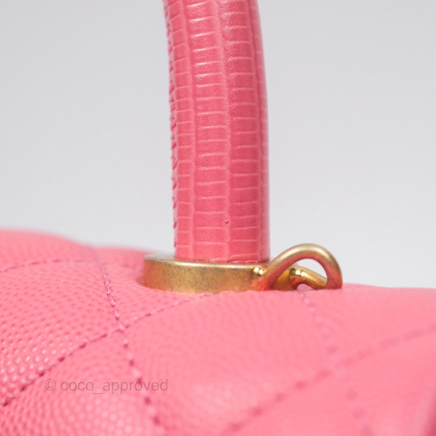 Chanel Small Coco Handle Quilted Pink Caviar Aged Gold Hardware Lizard Handle