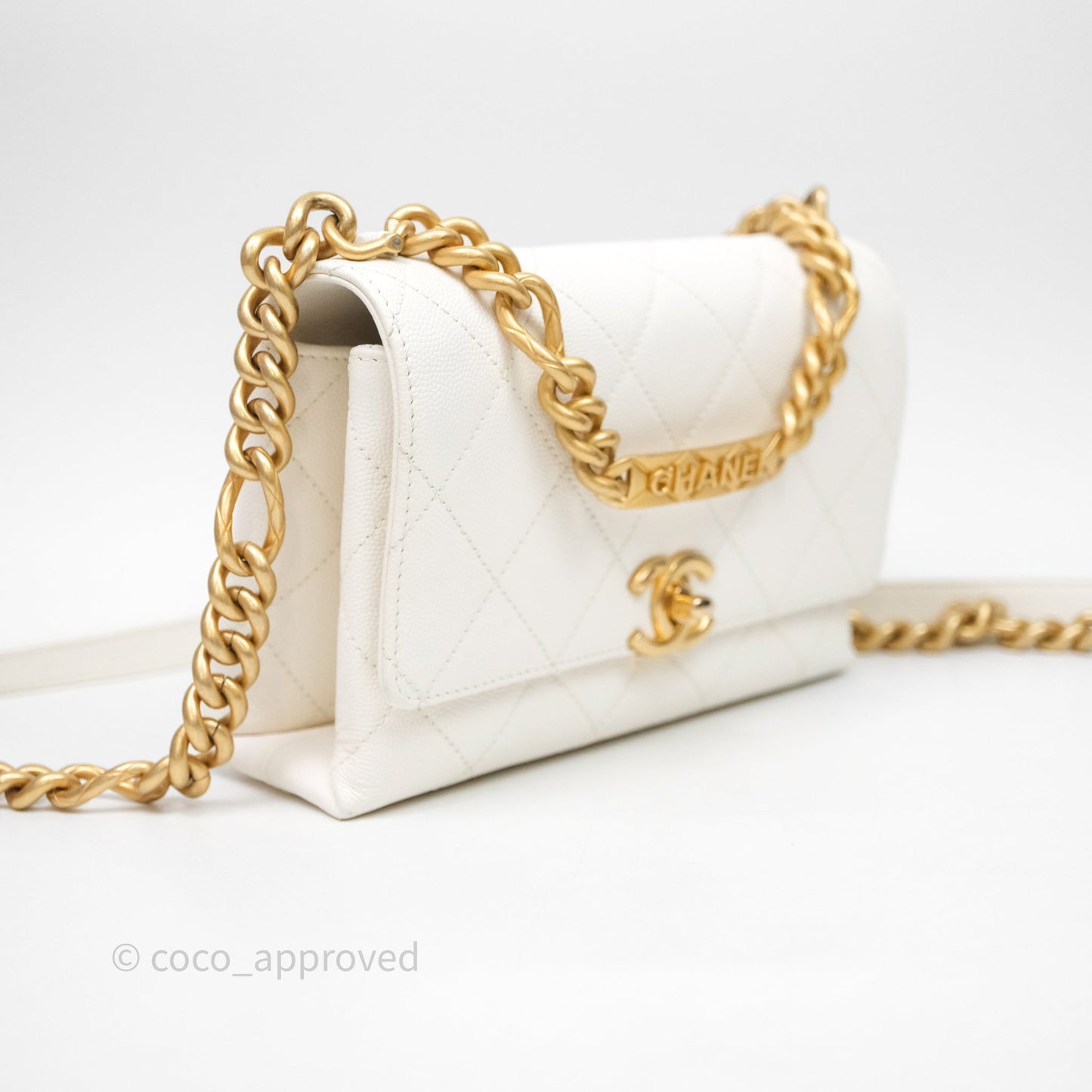 Chanel Bracelet On Chain Small Flap Bag White Caviar Aged Gold Hardware