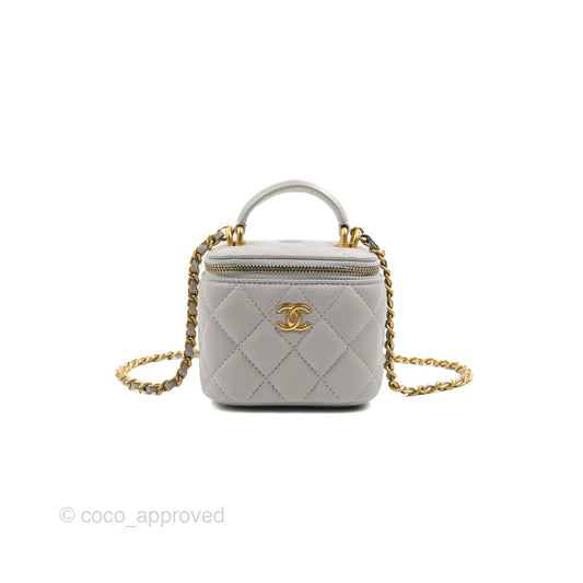Chanel Mini Top Handle Vanity With Chain Grey Lambskin Aged Gold Hardware