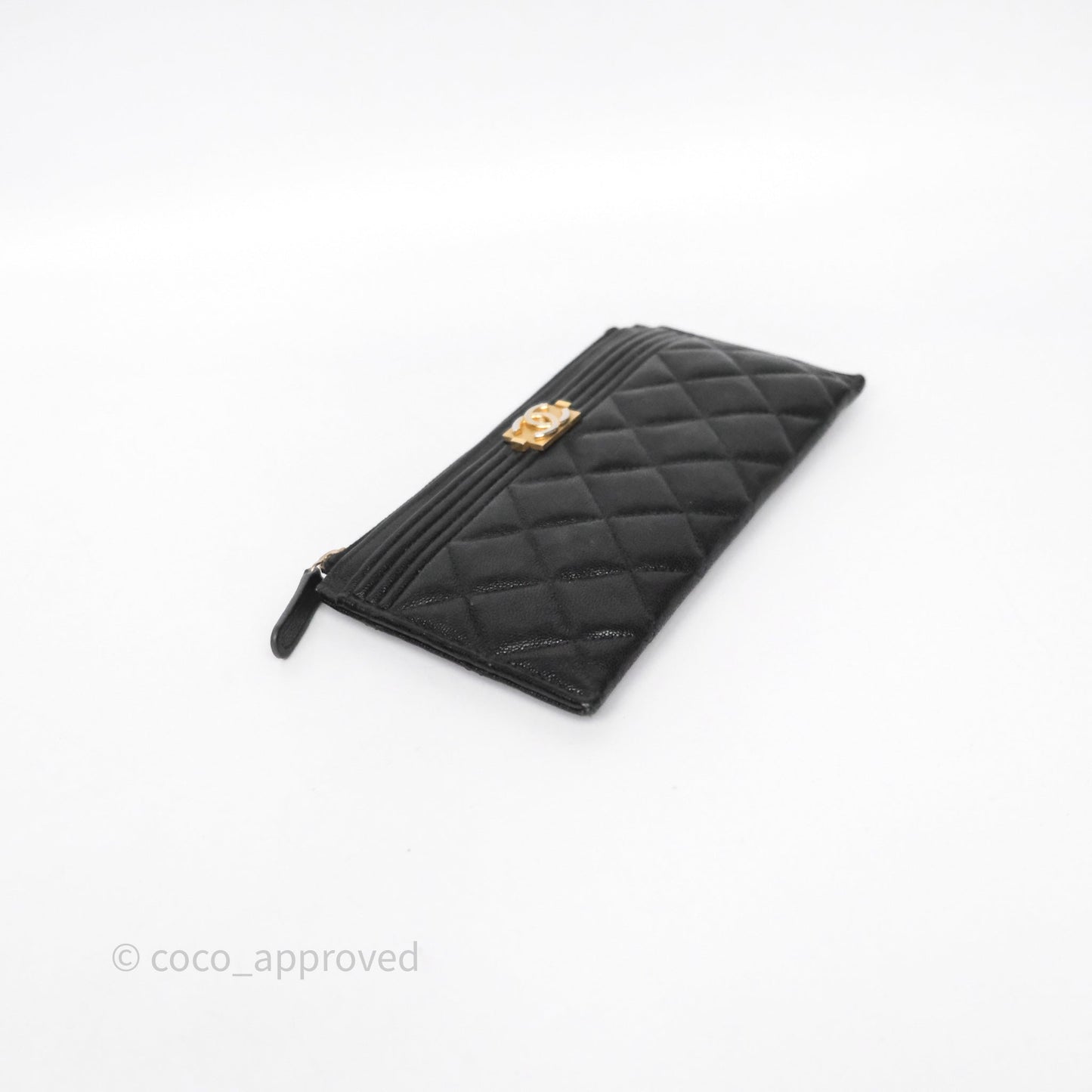 Chanel Boy Zip Long Wallet Black Caviar Gold Hardware