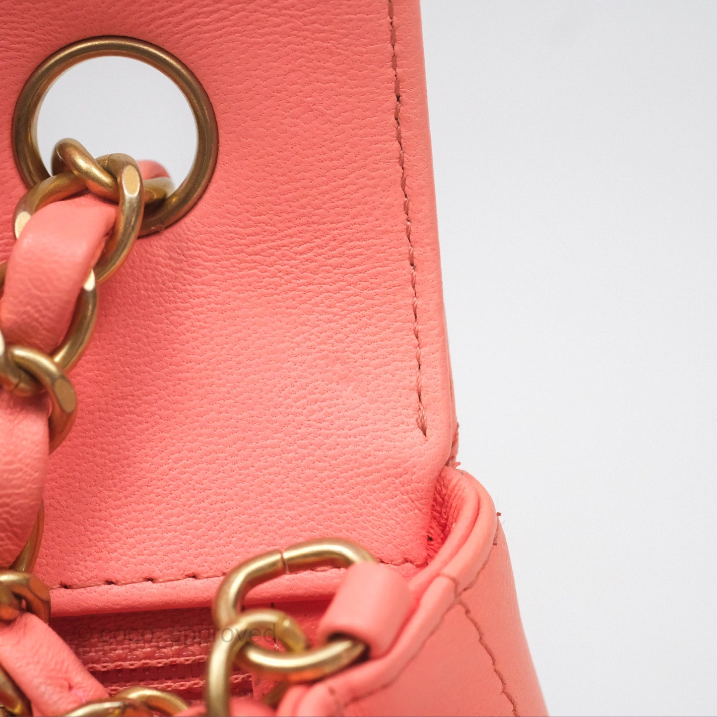 Chanel Chevron Mini Rectangular Flap Peach Pink Lambskin Aged Gold Hardware