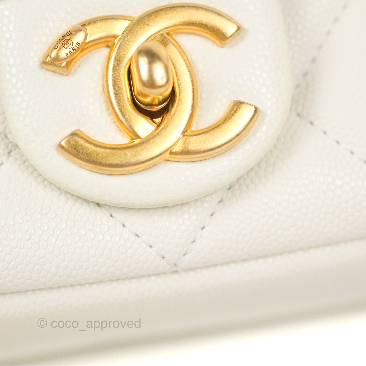 Chanel Mini Flap with Coin Charm White Caviar Aged Gold Hardware 22A