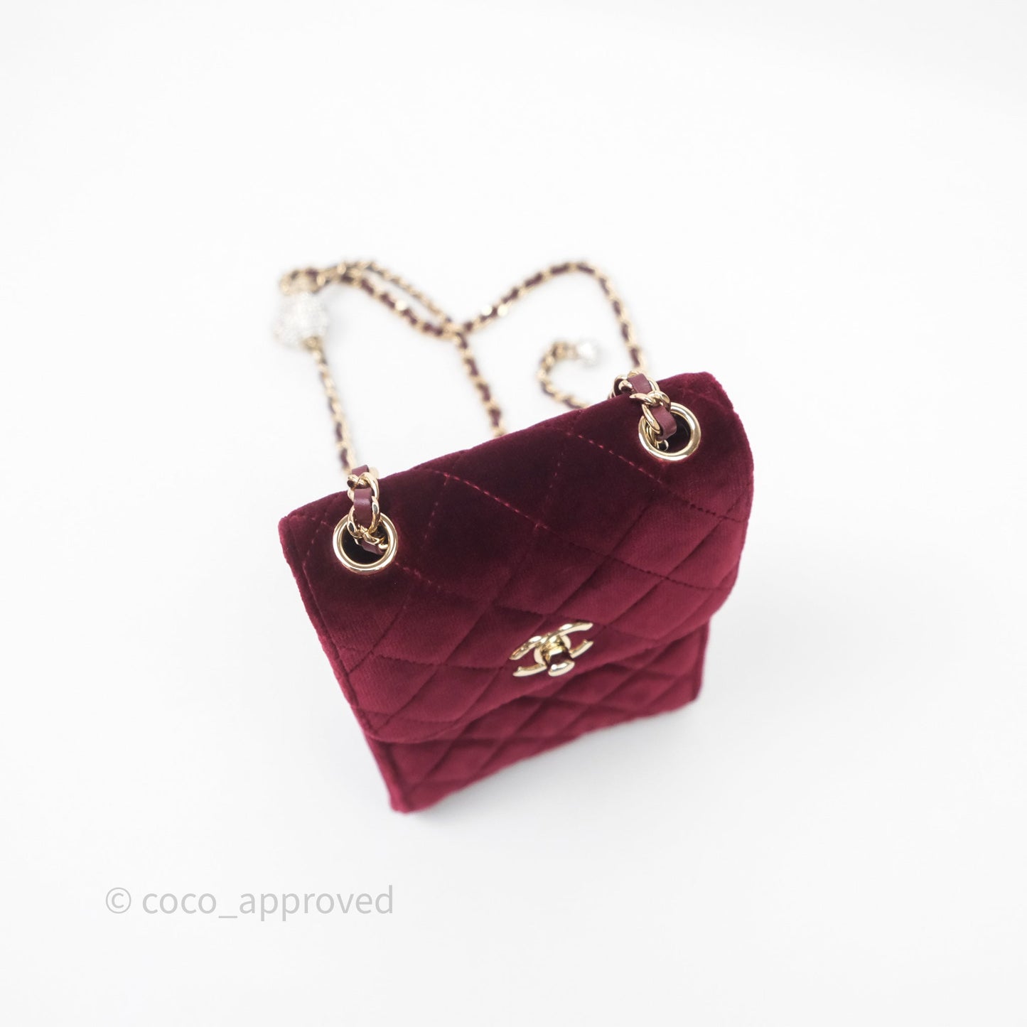 Chanel Quilted Phone Holder Crystals Pearl Crush Red Velvet Gold Hardware