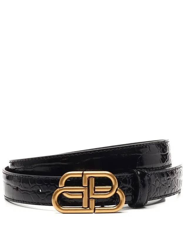 Luxury Balenciaga WoMen's Crocodile Embossed BB Buckle Thin Belt Black