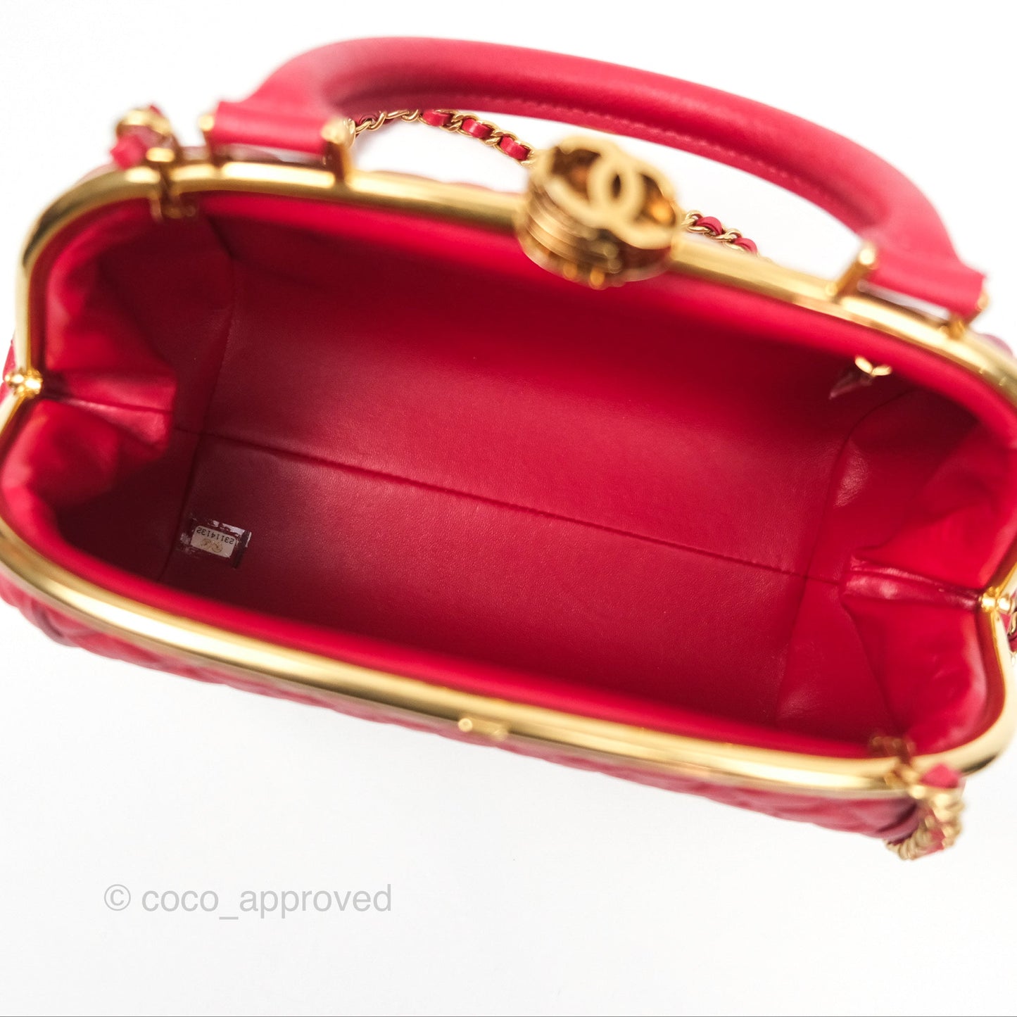 Chanel Quilted Kisslock Handbag With Chain Red Calfskin Gold Hardware
