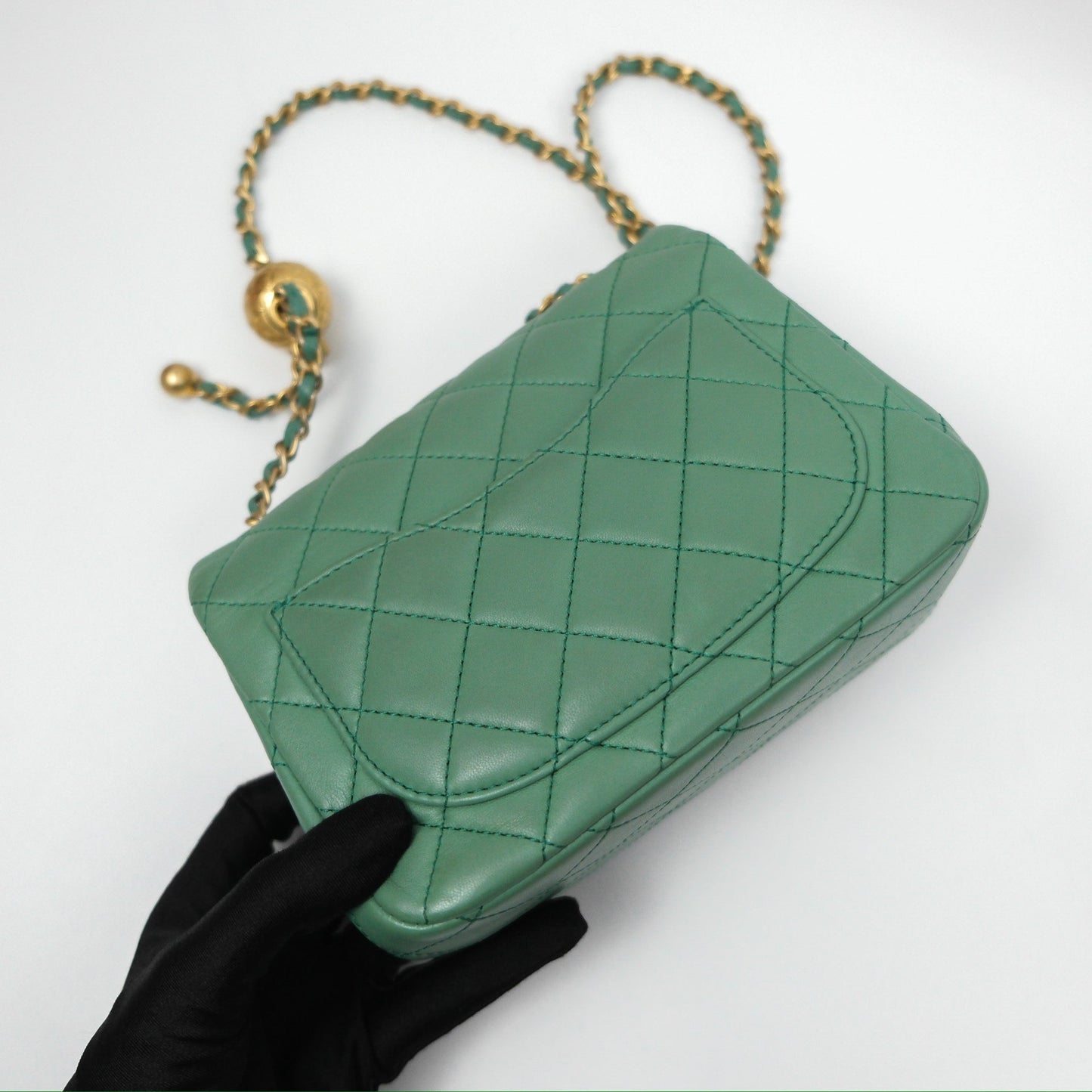 Chanel Pearl Crush Mini Square Quilted Green Lambskin Aged Gold Hardware