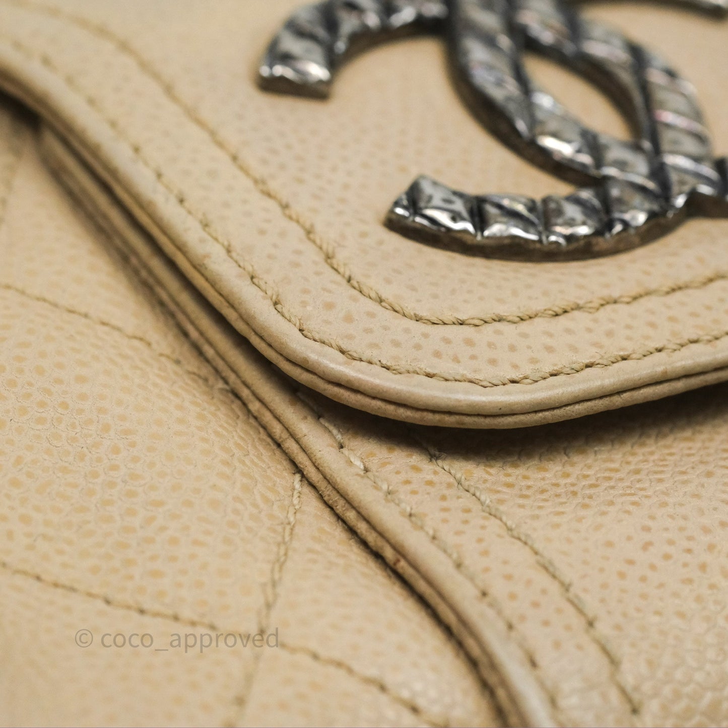 Chanel Quilted Coco Rider Hobo Bag Beige Caviar Ruthenium Hardware