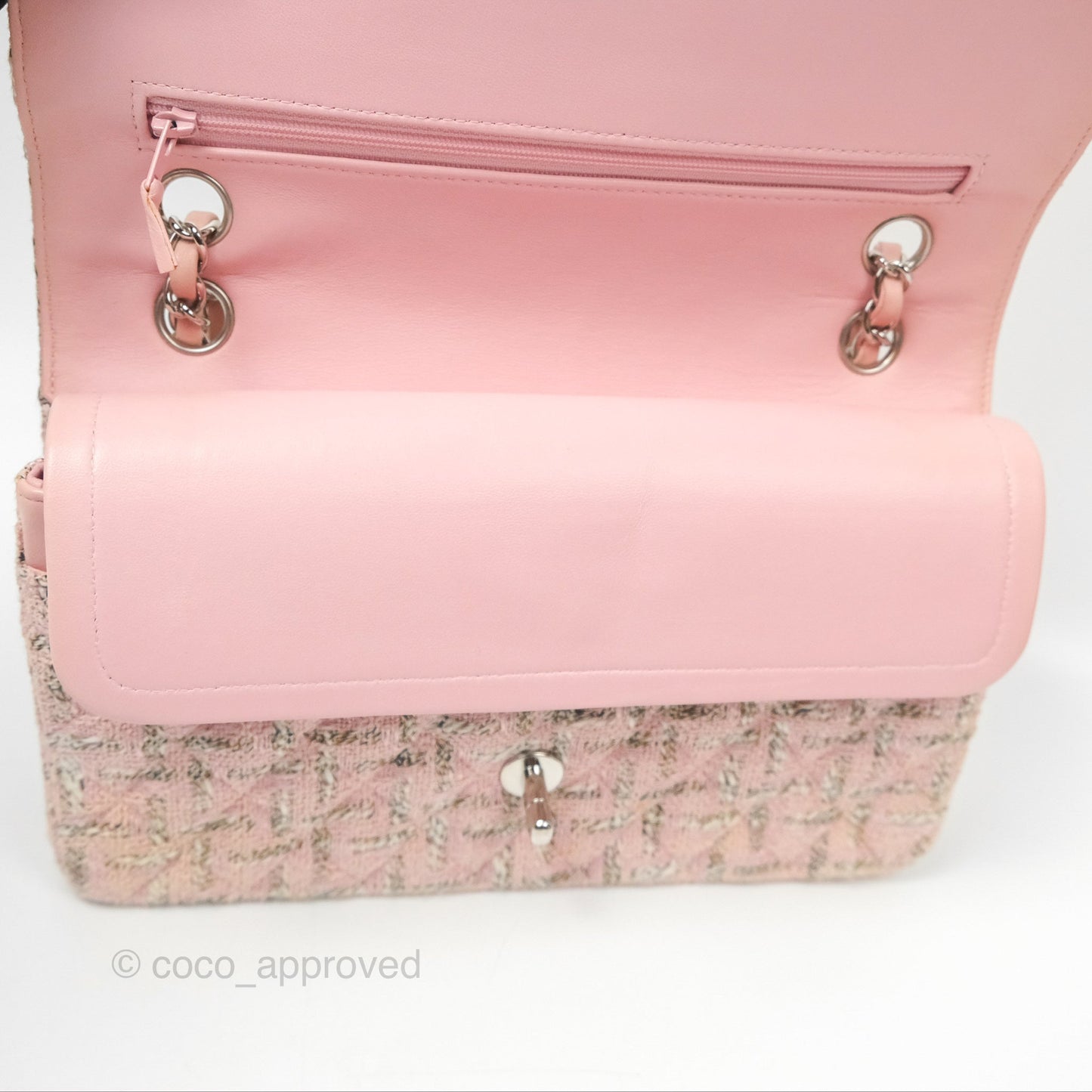 Chanel Classic M/L Medium Flap Quilted Pink Tweed Silver Hardware