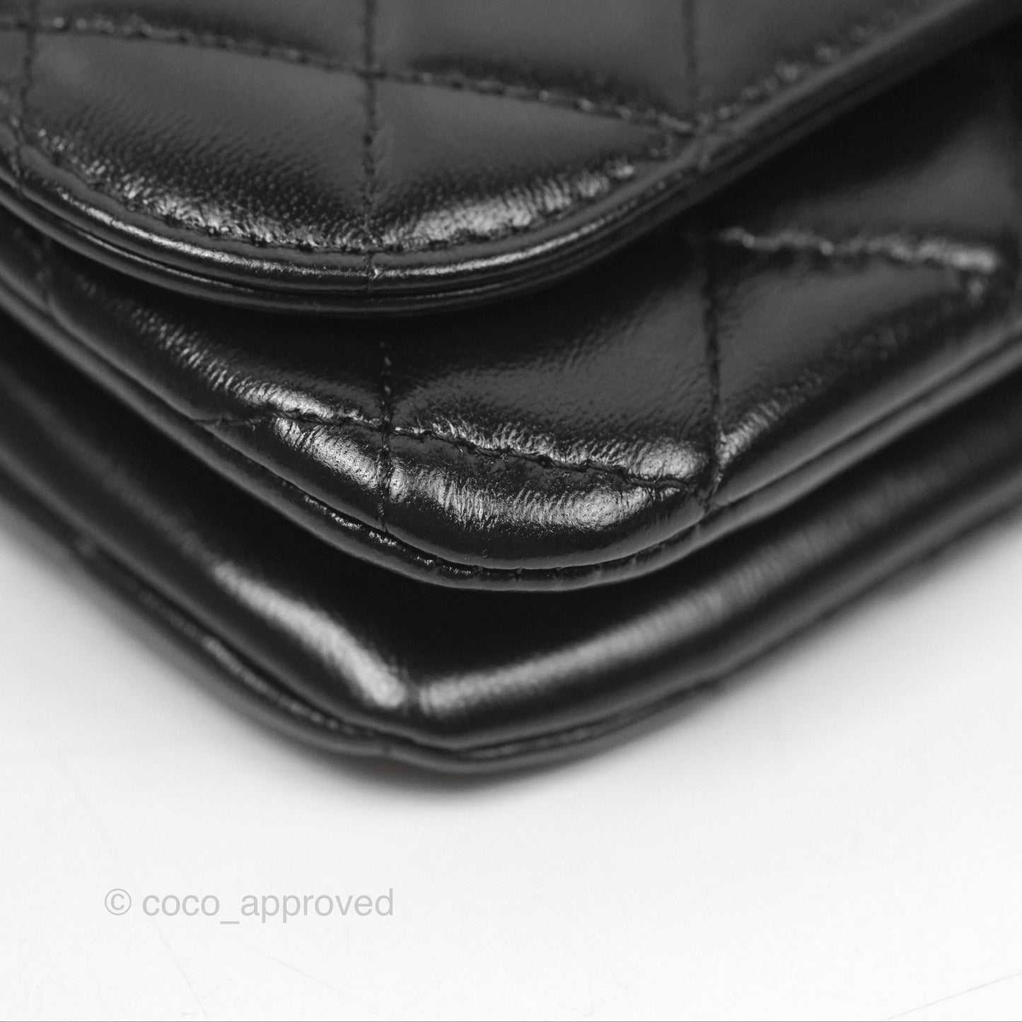 Chanel Flap Phone Holder With Chain Quilted Black Shiny Lambskin
