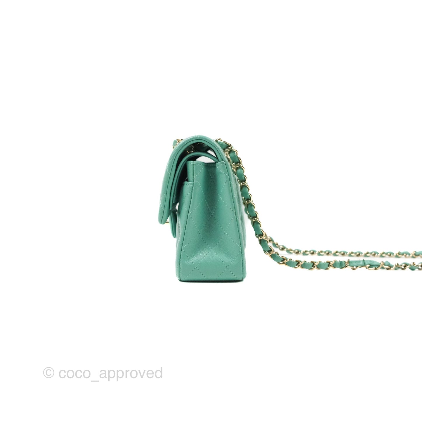 Chanel Small Classic Quilted Flap Tiffany Green Caviar Gold Hardware