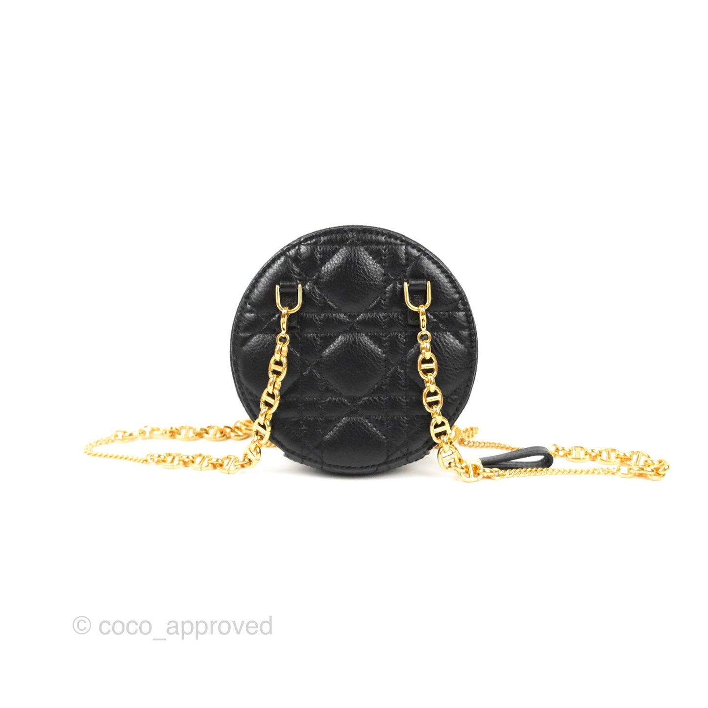 Dior Caro Round Pouch With Chain Black Calfskin