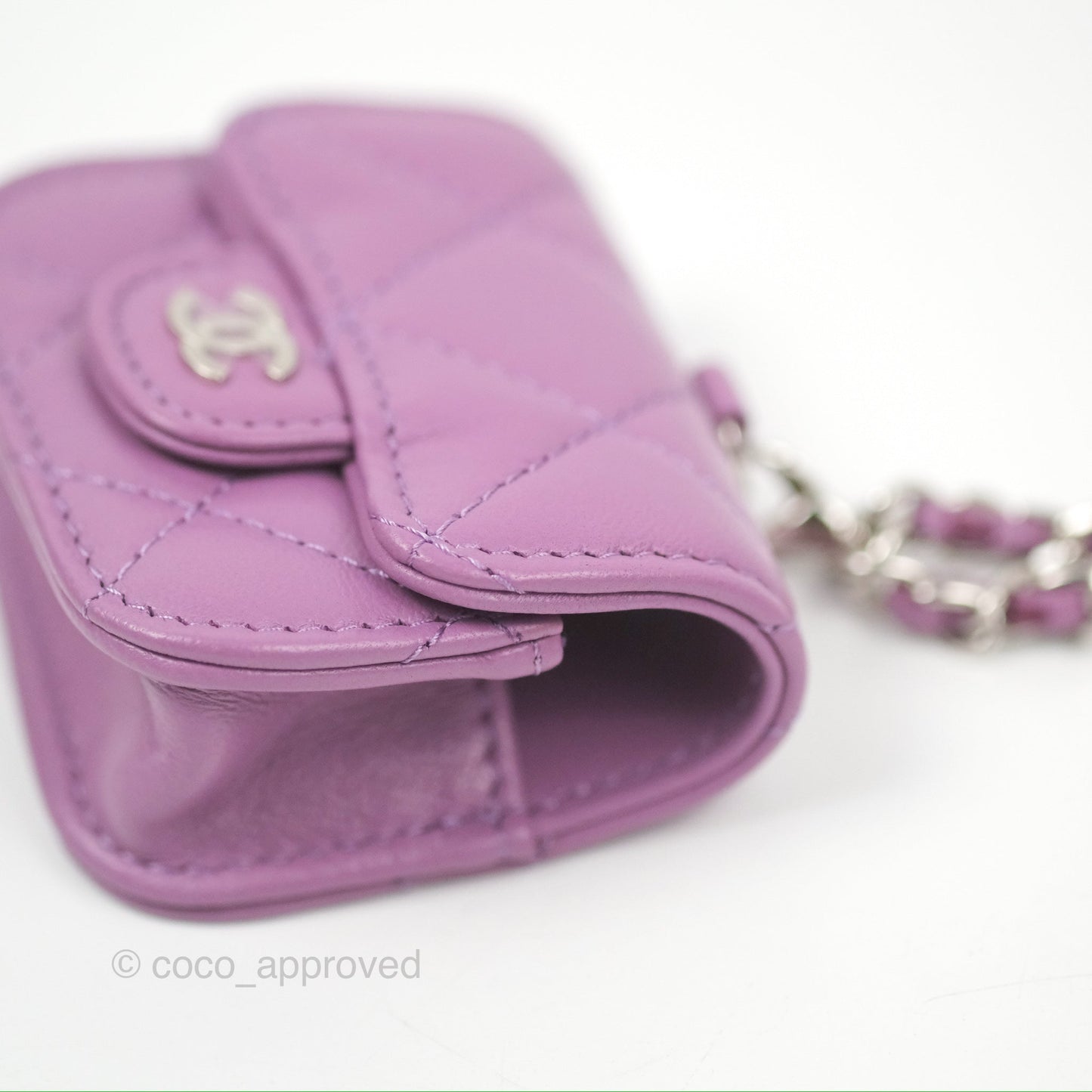 Chanel Quilted Airpods Pro Case with Removable Chain Purple Lambskin Silver Hardware