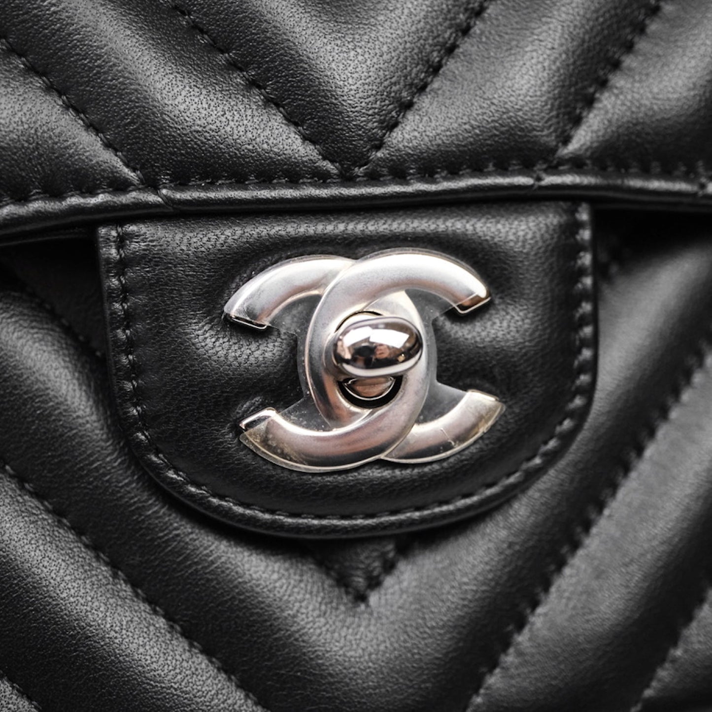 Chanel Small Classic Chevron Flap Black Lambskin Silver Hardware