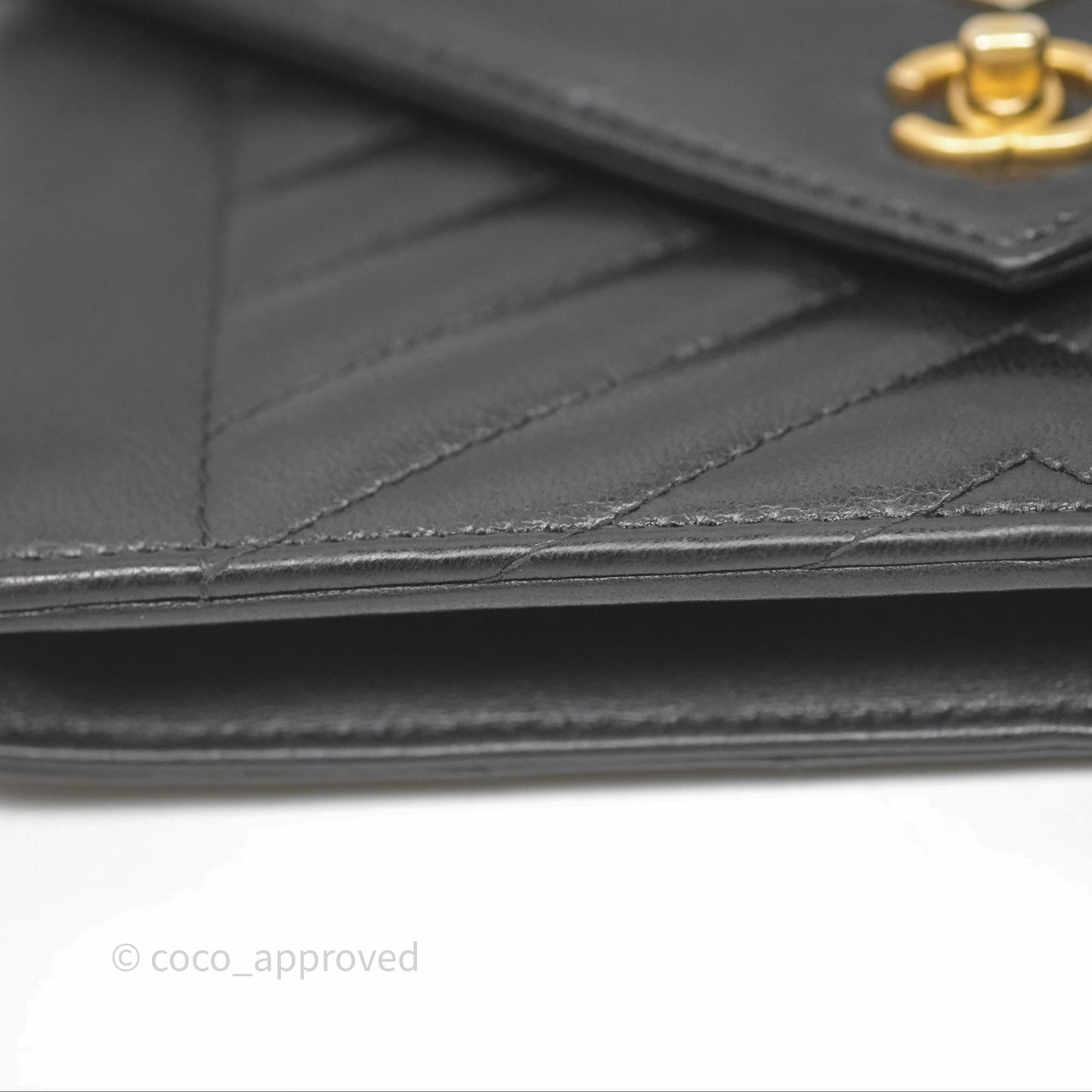Chanel Reversed Chevron Wallet On Chain WOC Black Lambskin Aged Gold Hardware