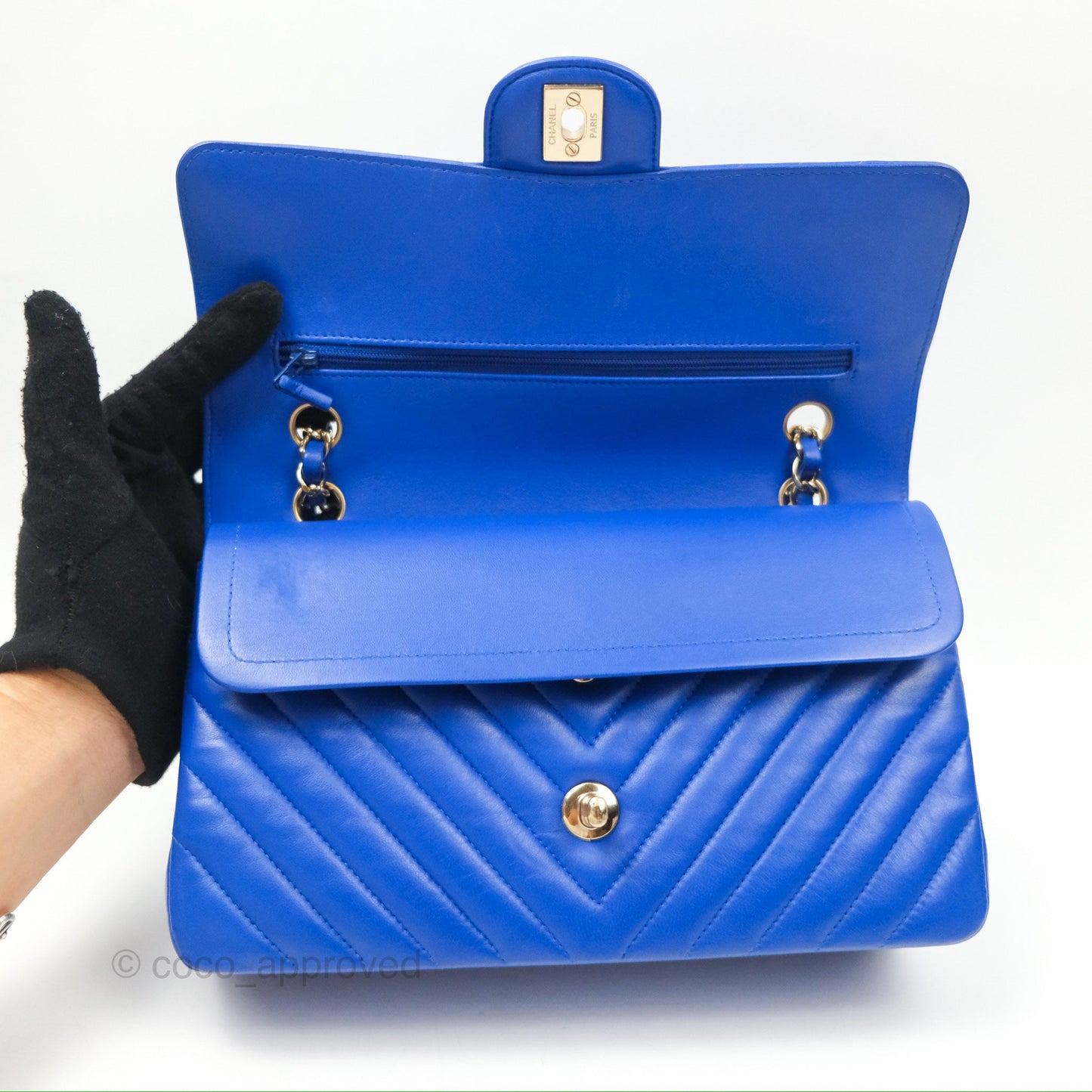Chanel Medium Classic Flap Chevron Blue Lambskin Gold Hardware