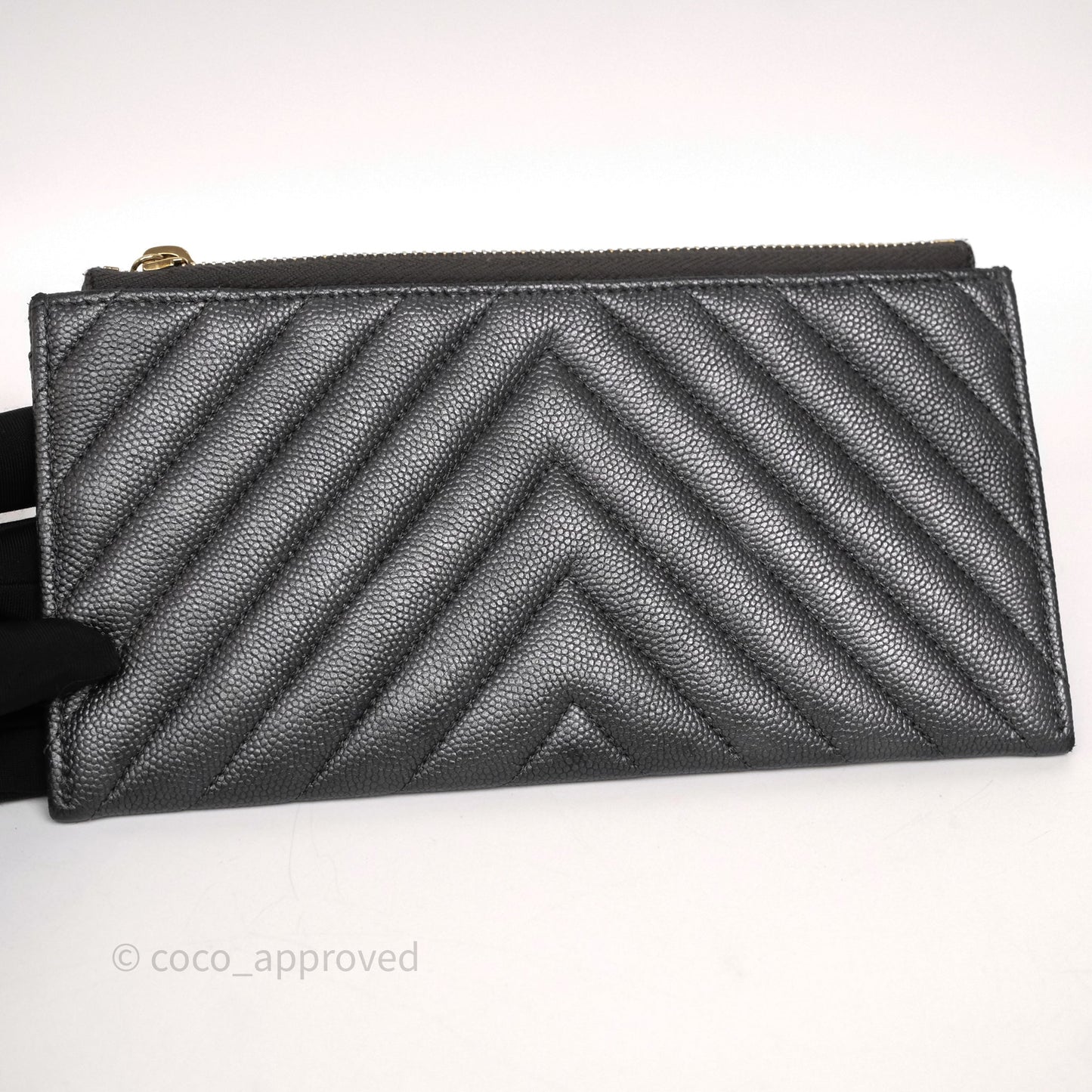 Chanel Chevron Zip Long Wallet Grey Caviar Gold Hardware