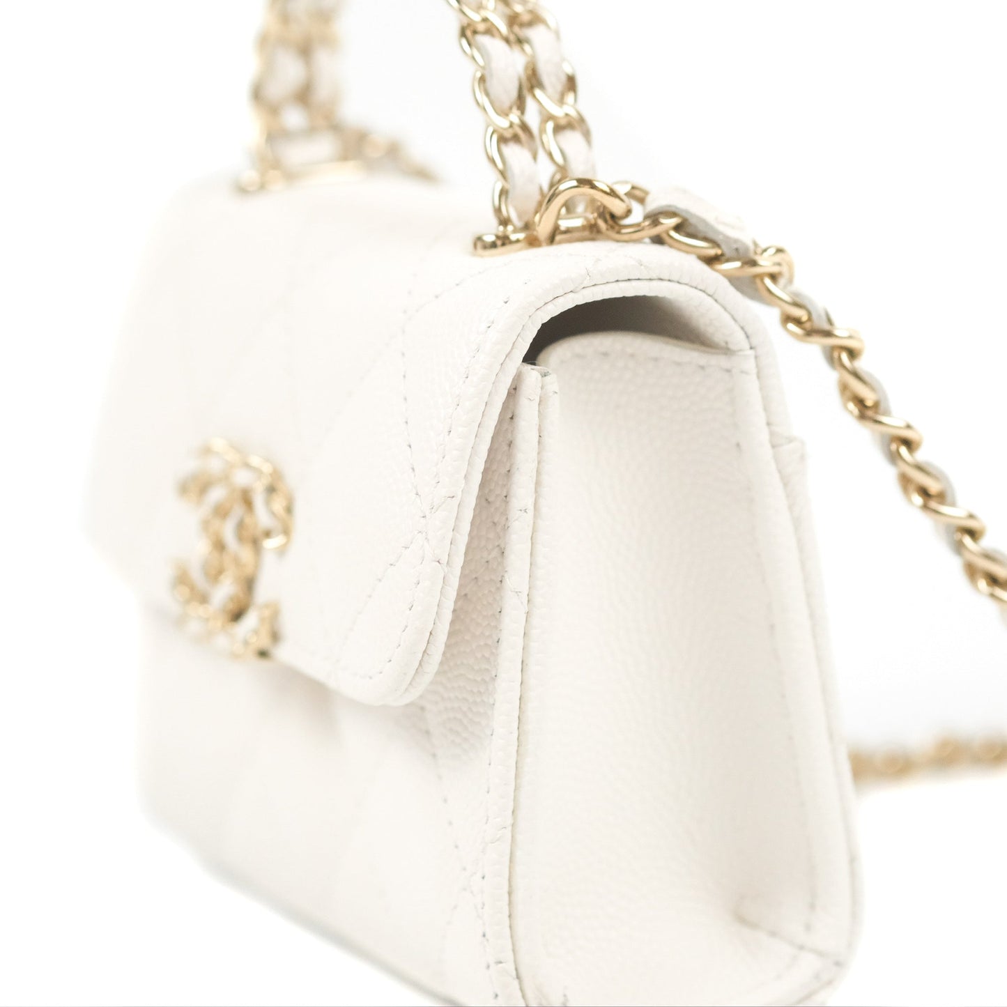 Chanel Mini Top Handle Clutch with Chain White Caviar Light Gold Hardware 23P
