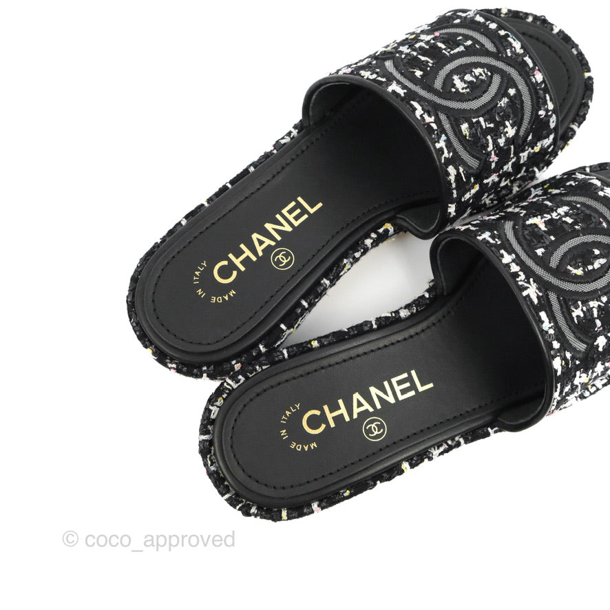 Chanel CC Sandals Black Tweed Size 35
