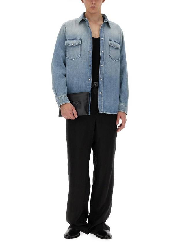 Luxury Saint Laurent Oversized Denim Long Sleeve Shirt Blue