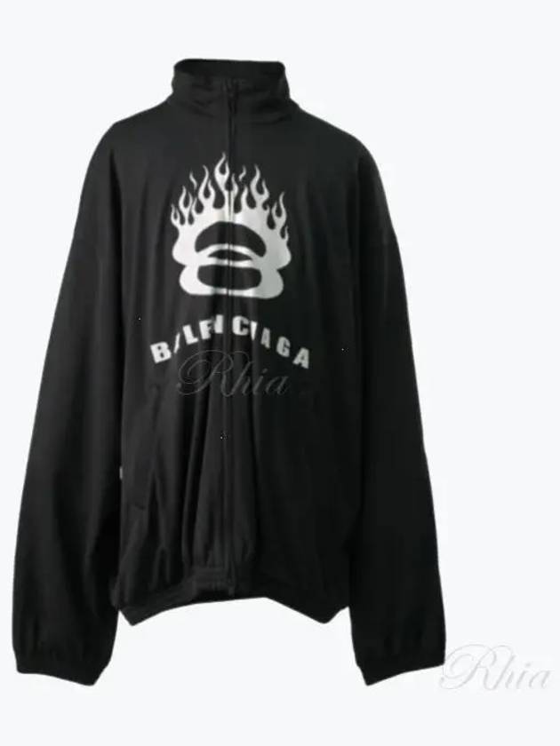 Luxury Balenciaga Flame Print Zip-Up Jacket Black