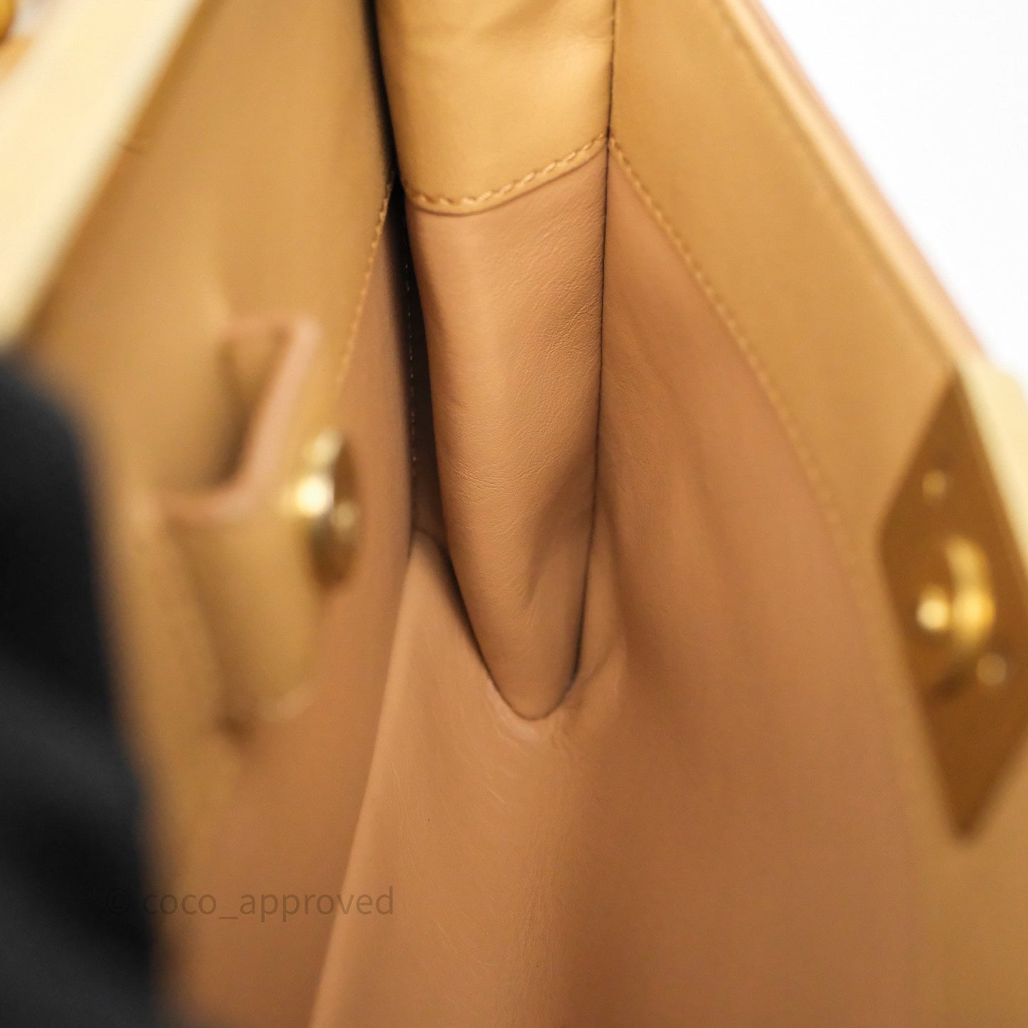 Chanel Small Coco Luxe Flap Bag Caramel Beige Calfskin Aged Gold Hardware