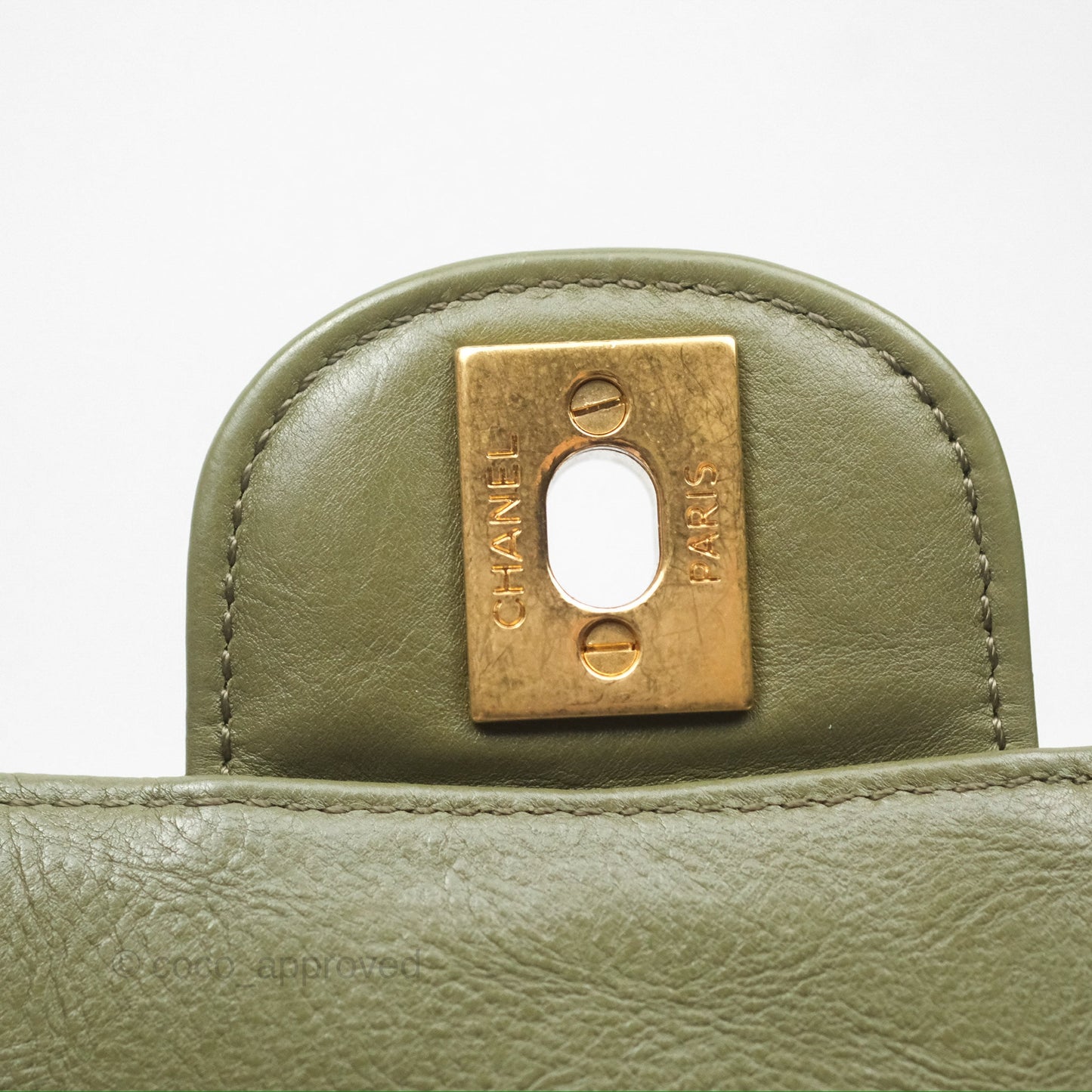 Chanel Mini Square Flap Chevron Olive Green Calfskin Gold Hardware
