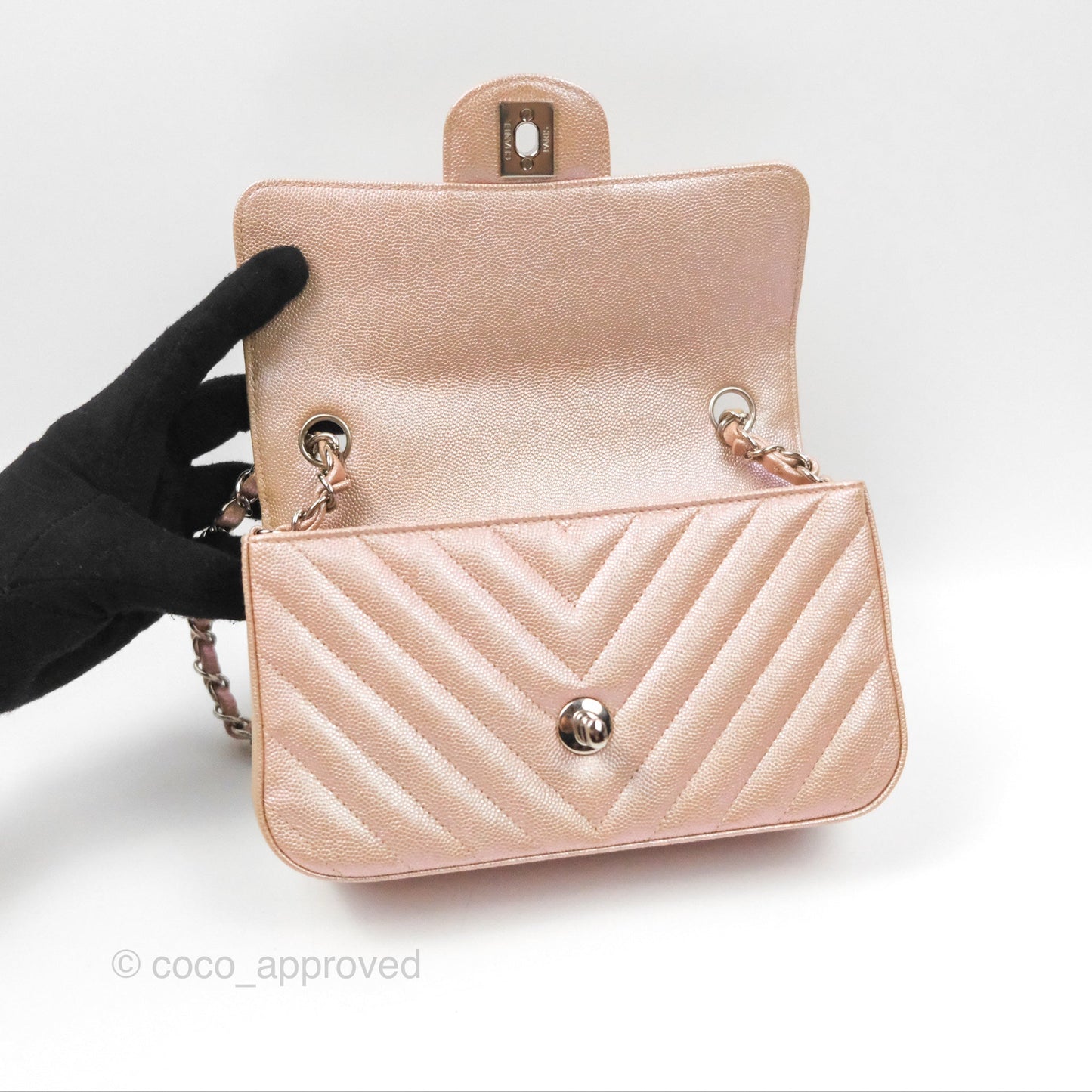 Chanel Chevron Mini Rectangular Flap Iridescent Rose Gold Caviar Ruthenium Hardware 17B