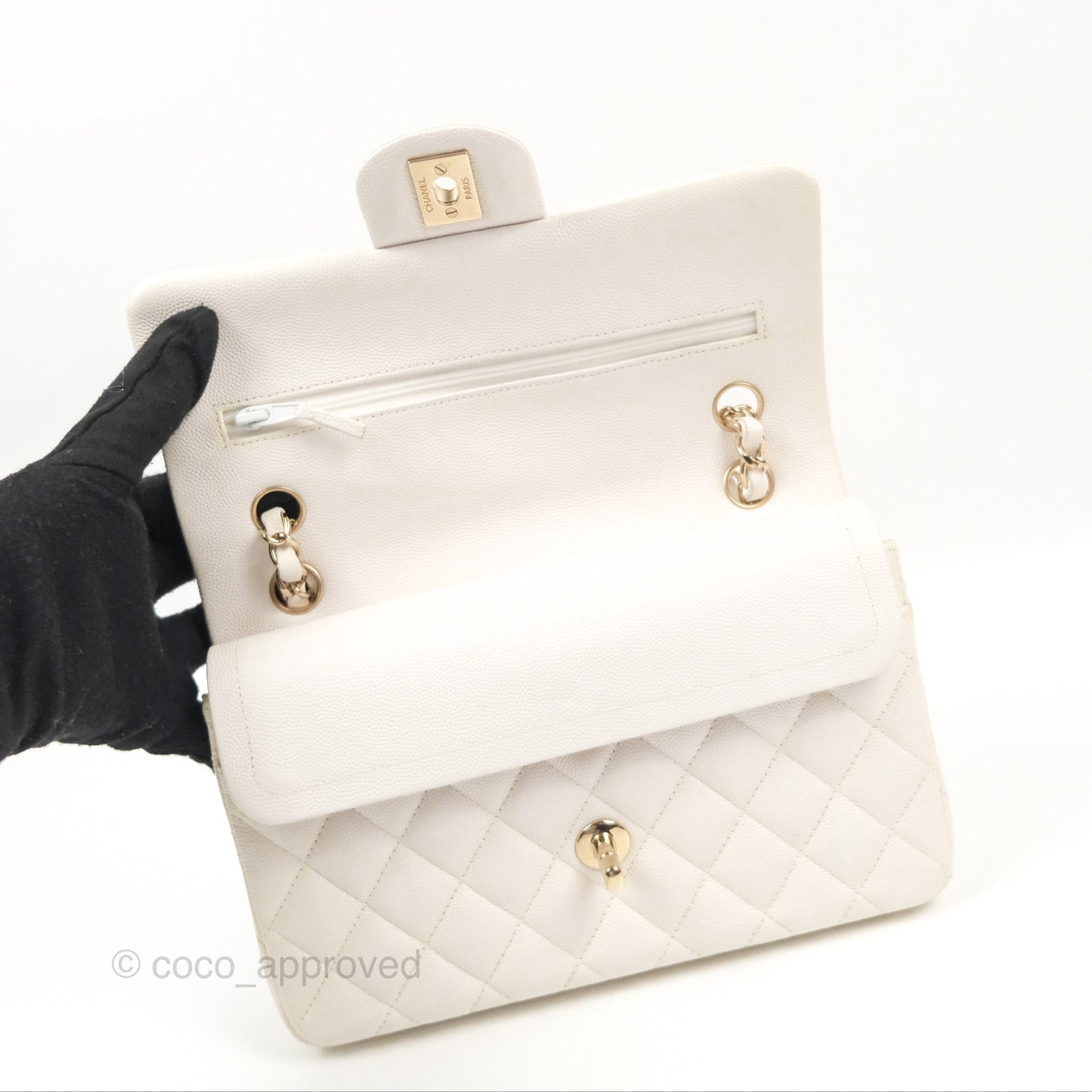 Chanel Small Classic Quilted Flap White Caviar Gold Hardware