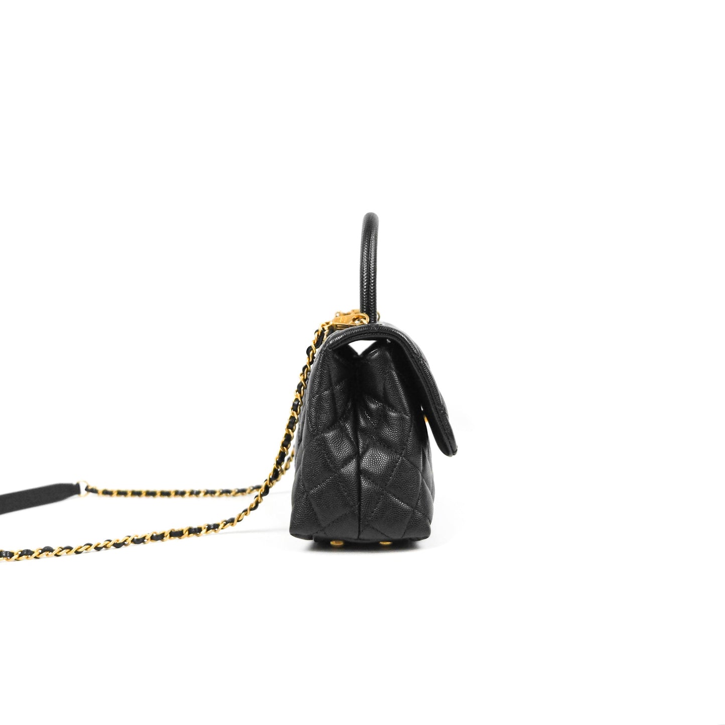 Chanel Small Coco Handle Quilted Black Caviar Aged Gold Hardware Lizard Handle