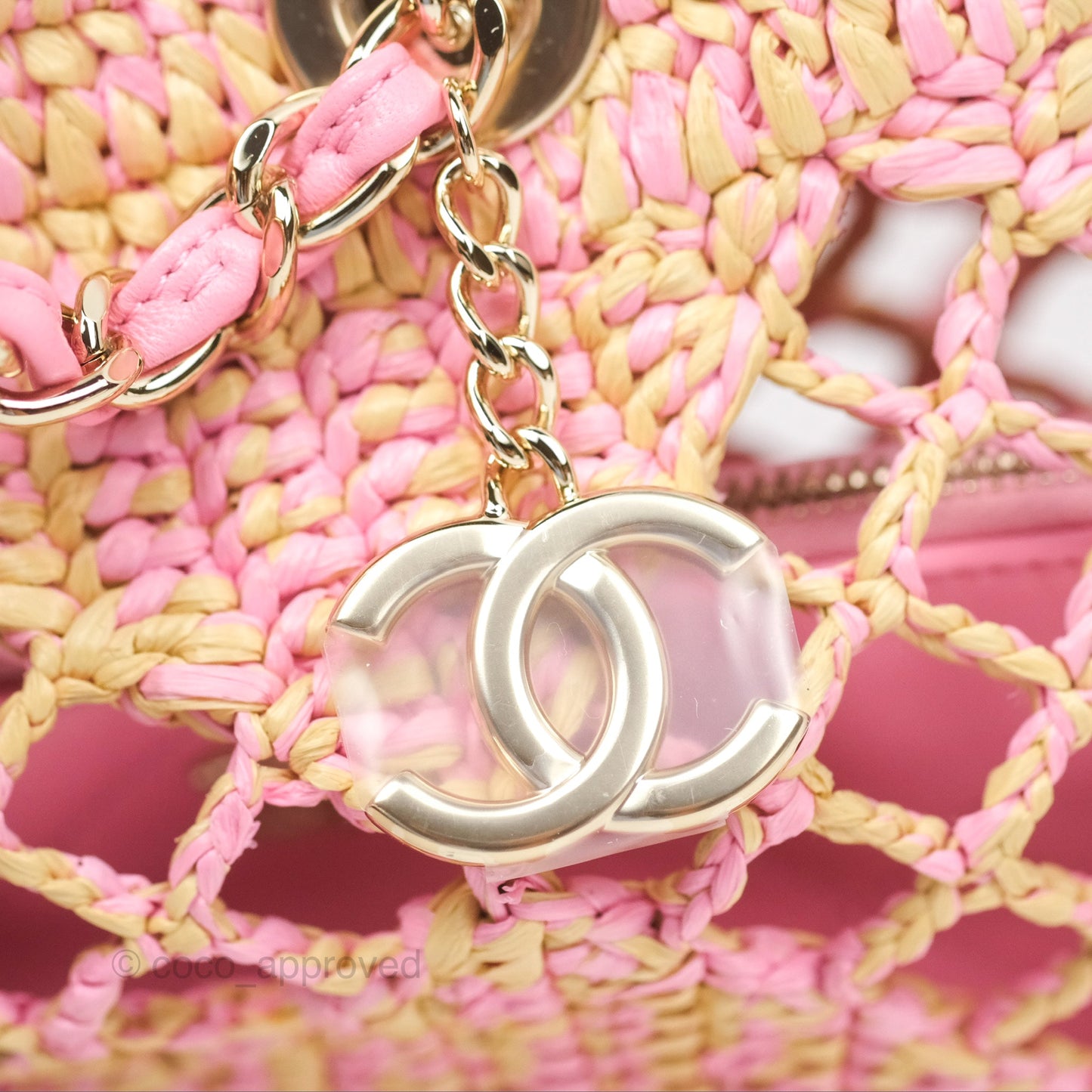 Chanel Coco Beach Bag Raffia Effect Braided Pink Beige Gold Hardware 24A