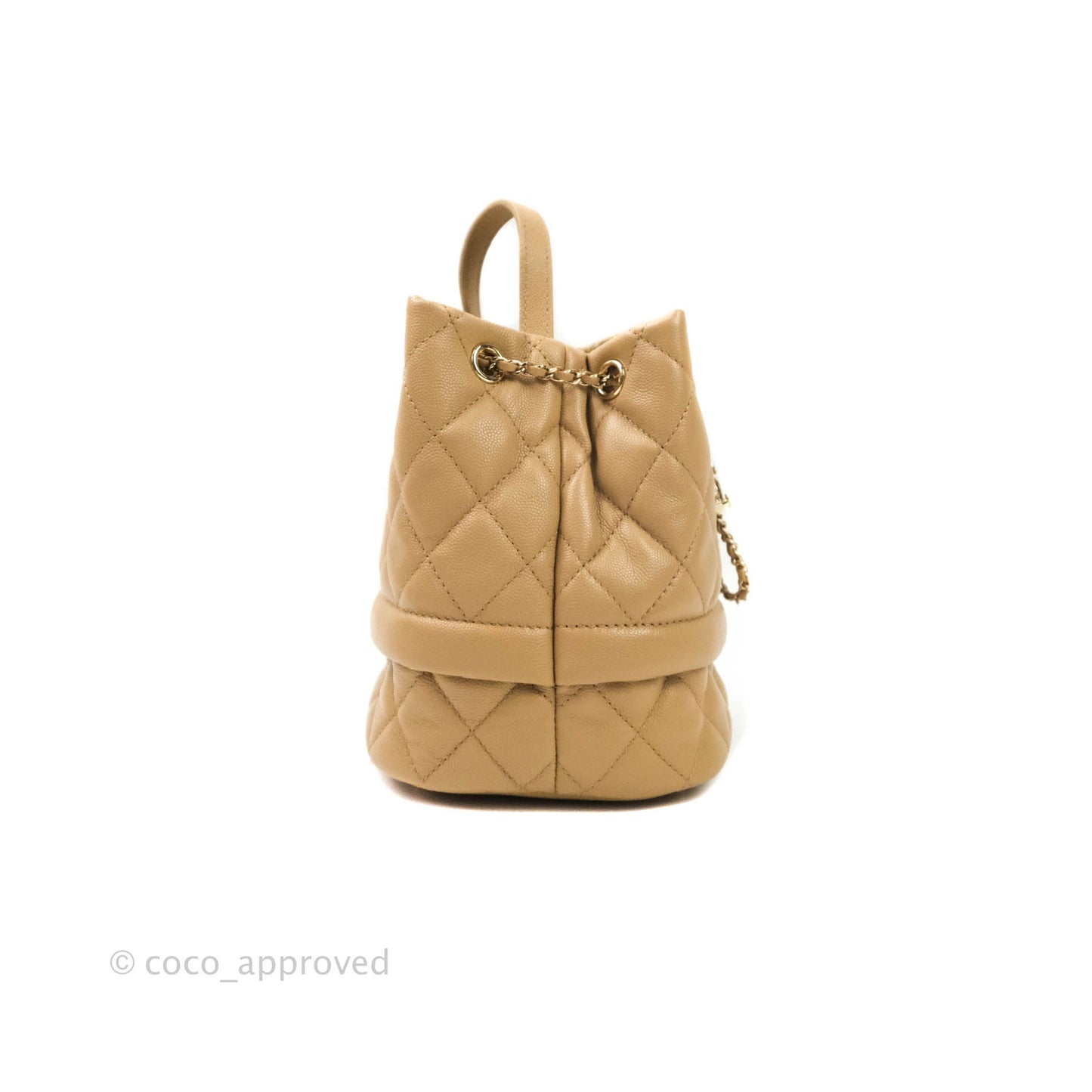 Chanel Caviar Quilted Rolled Up Bucket Drawstring Bag Beige Gold Hardware