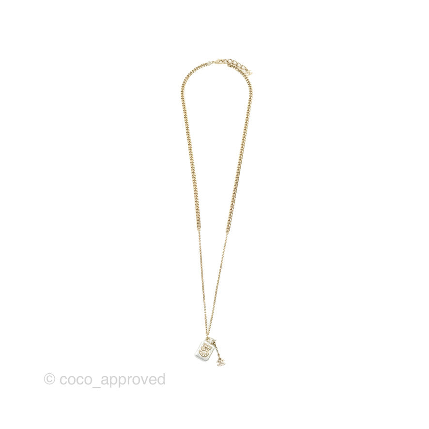Chanel No5 Perfume Crystal Pendant Necklace Gold Tone 22S