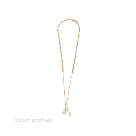 Chanel No5 Perfume Crystal Pendant Necklace Gold Tone 22S