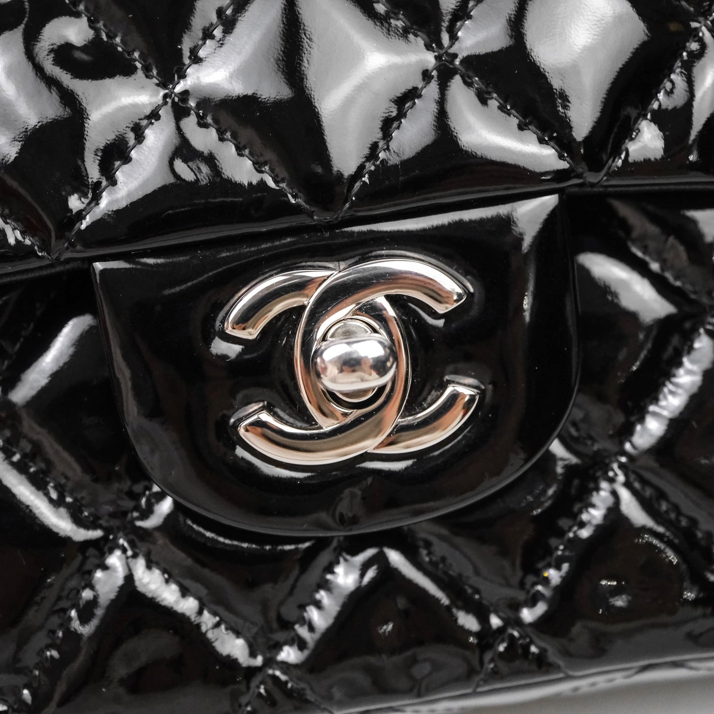 Chanel Medium Classic Flap Quilted Black Patent Silver Hardware
